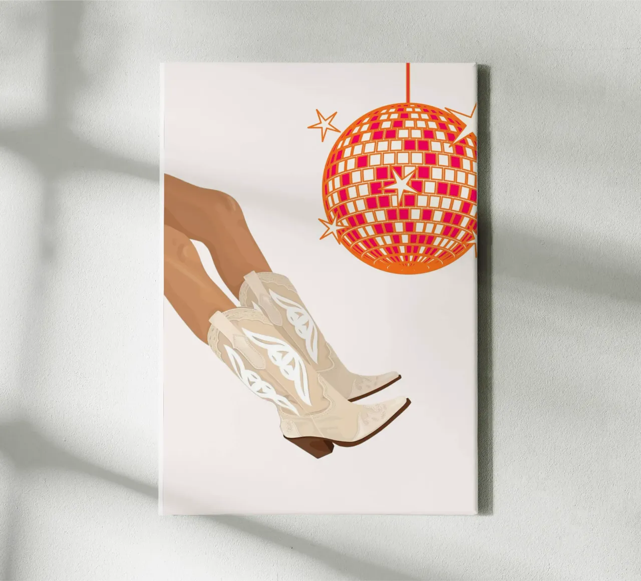 Disco Cowgirl Laarzen & Bal - Retro Feestesthetiek canvas met Baklijst van homdeco