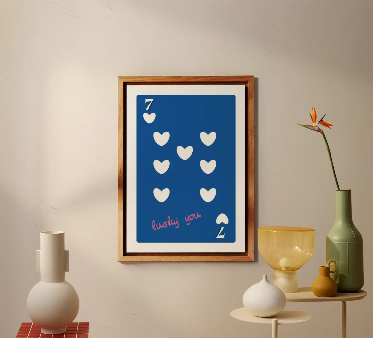 Lucky You 7 of Hearts - Blue & Pink Pop Art Card alu-dibond by homdeco