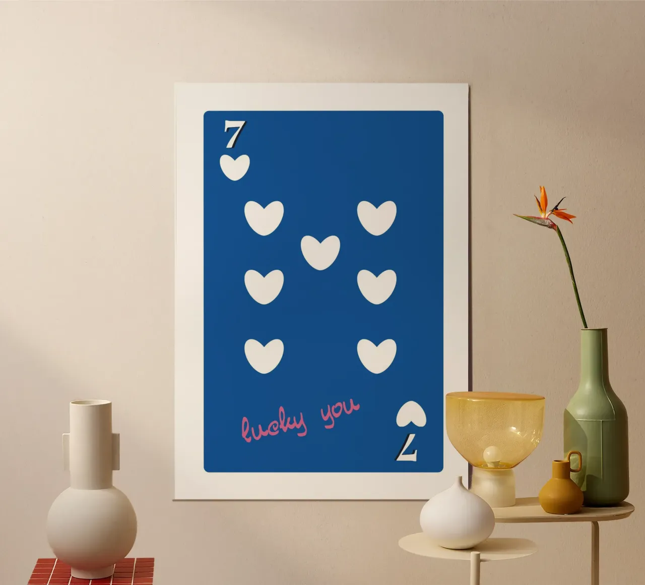 Lucky You 7 of Hearts - Blue & Pink Pop Art Card alu-dibond by homdeco