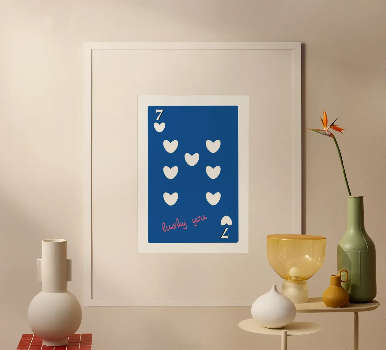 Lucky You 7 of Hearts - Blue & Pink Pop Art Card poster by homdeco