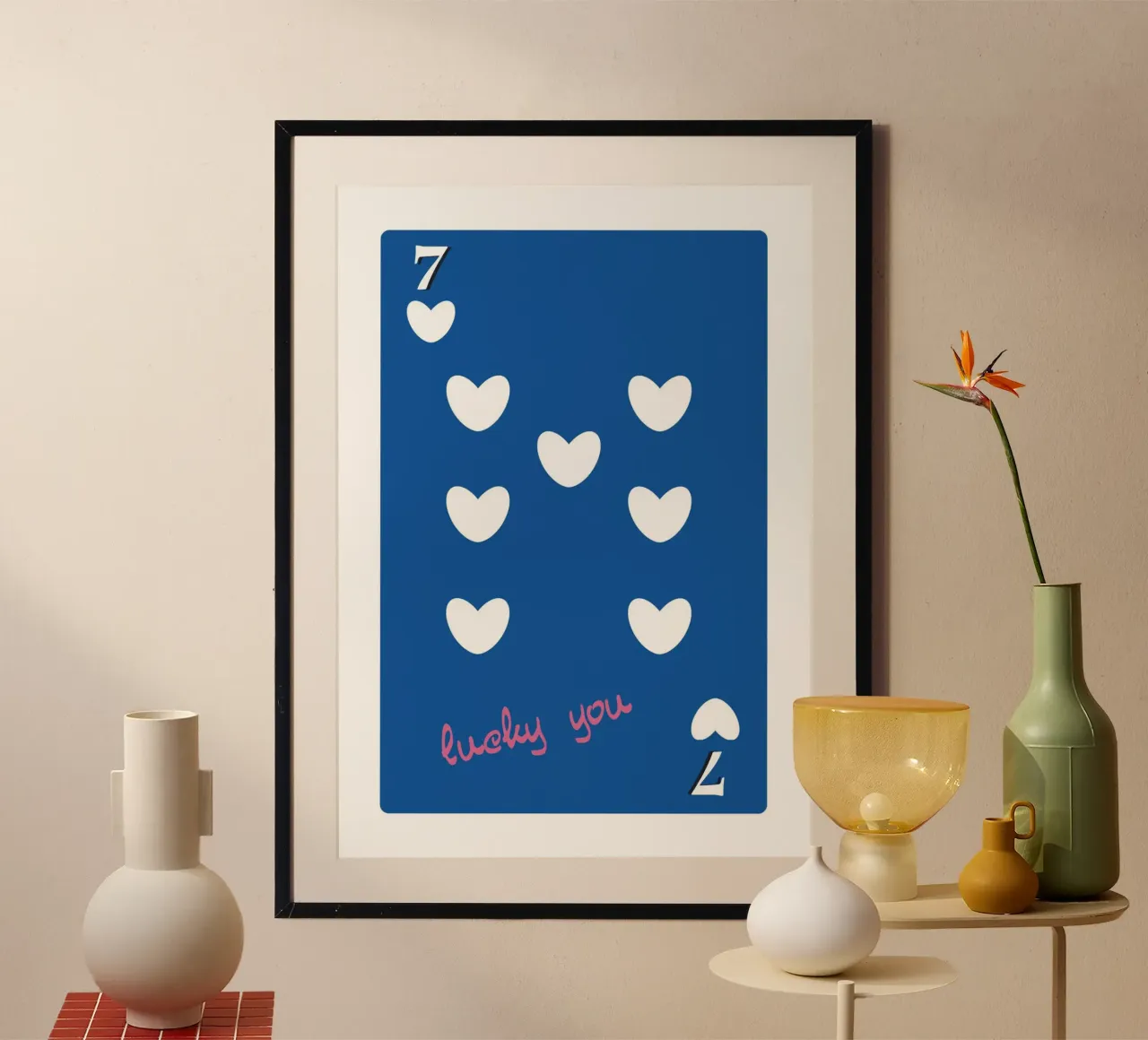 Lucky You 7 of Hearts - Blue & Pink Pop Art Card poster by homdeco