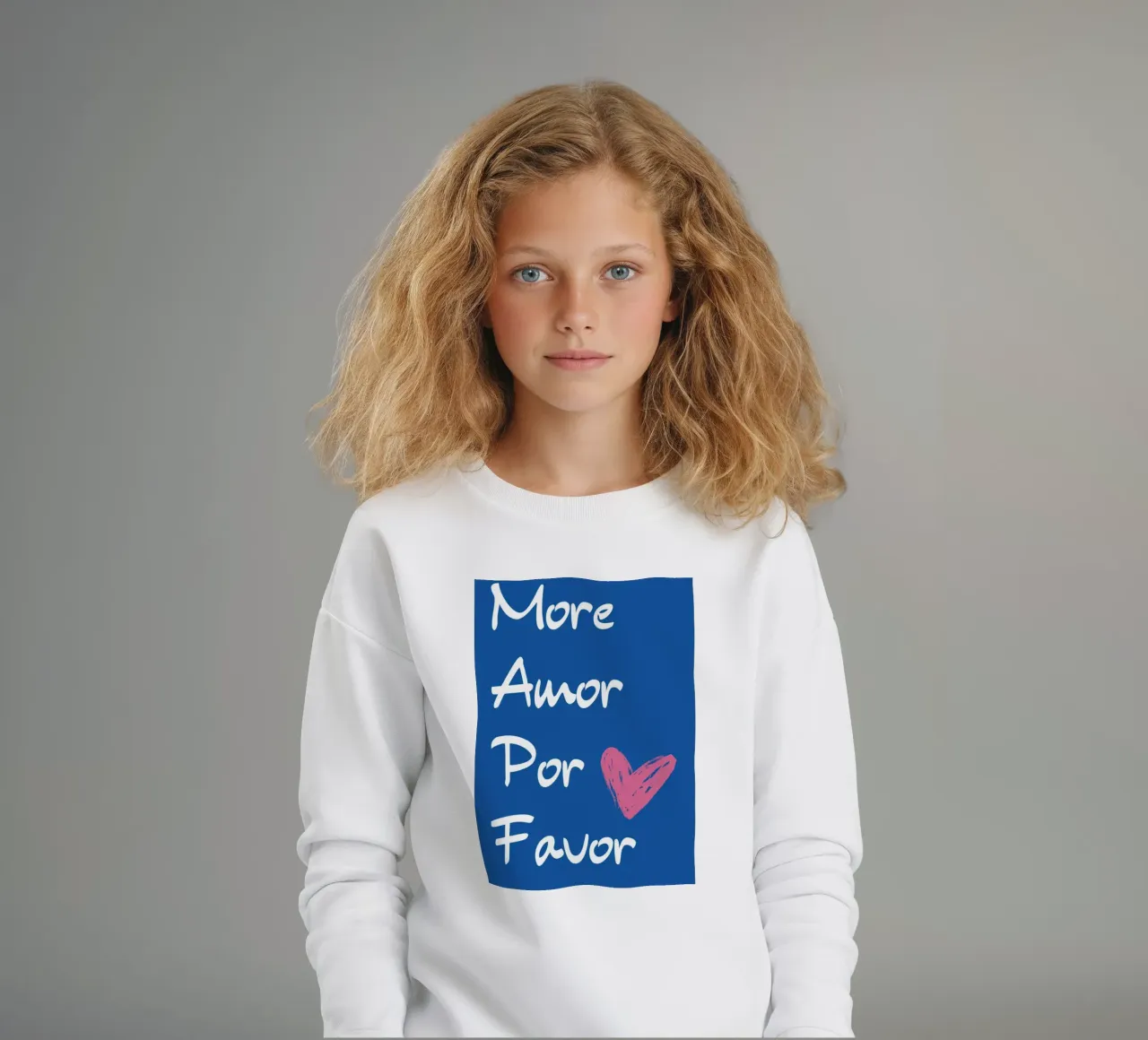 "More Amor Por Favor" - Blue & Pink Love Art kids sweatshirt by homdeco