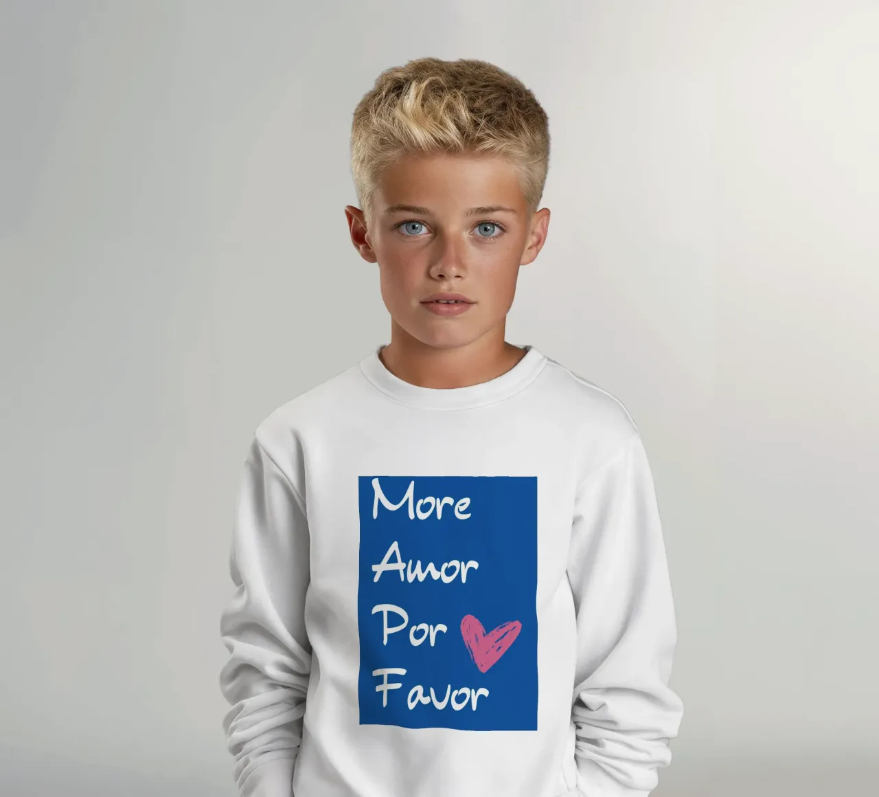 "More Amor Por Favor" - Blue & Pink Love Art kids sweatshirt by homdeco
