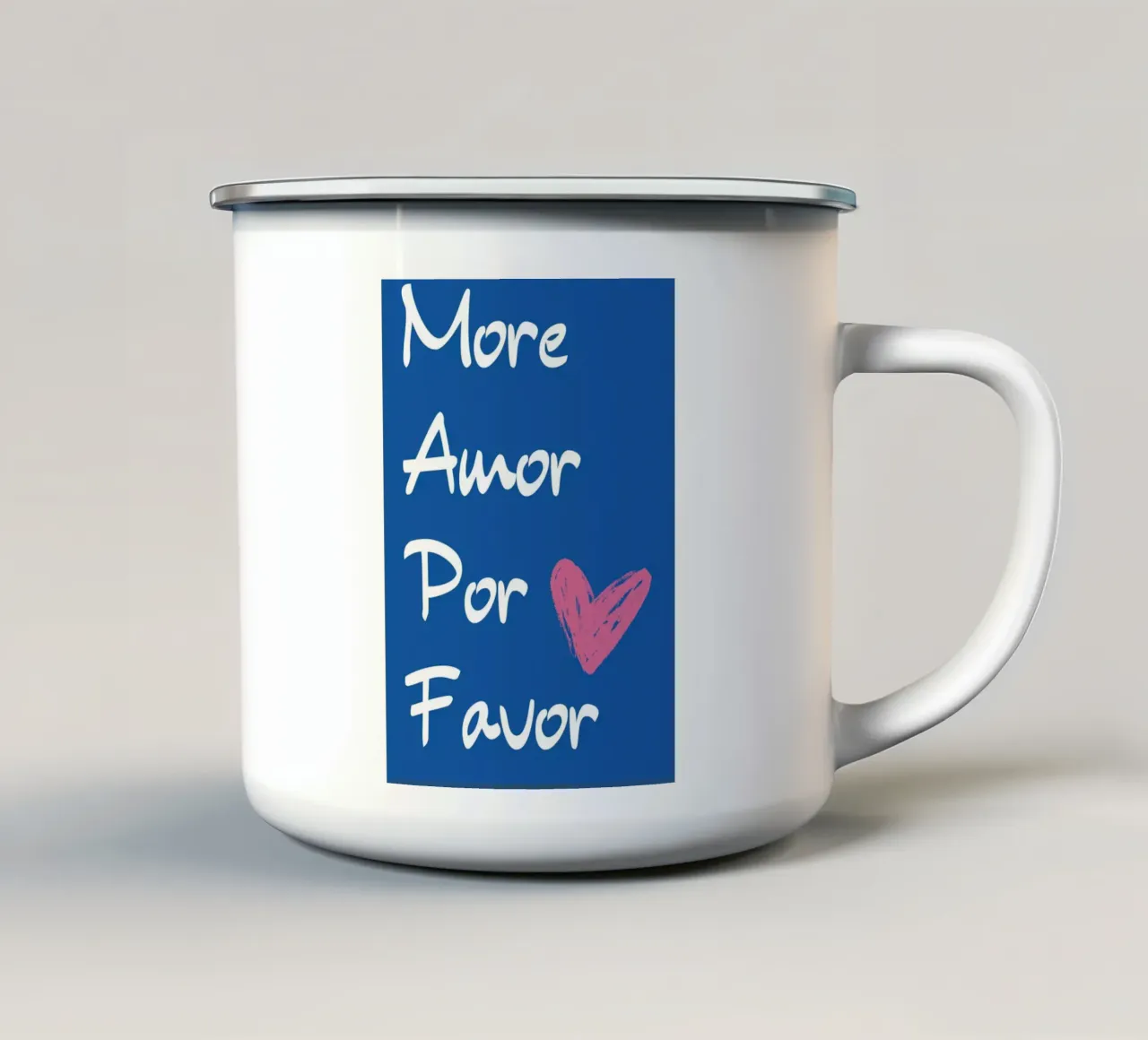 "More Amor Por Favor" - Blue & Pink Love Art enamel mug by homdeco