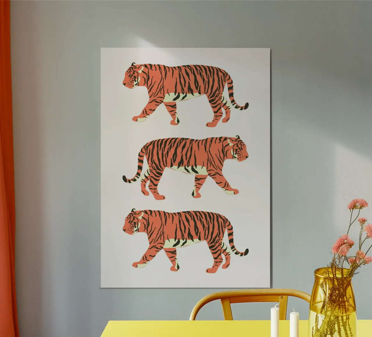 Tiger Trio Walk - Minimalist Wildlife Art Print poster by homdeco