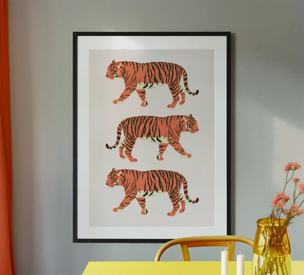 Tiger Trio Walk - Minimalist Wildlife Art Print poster by homdeco