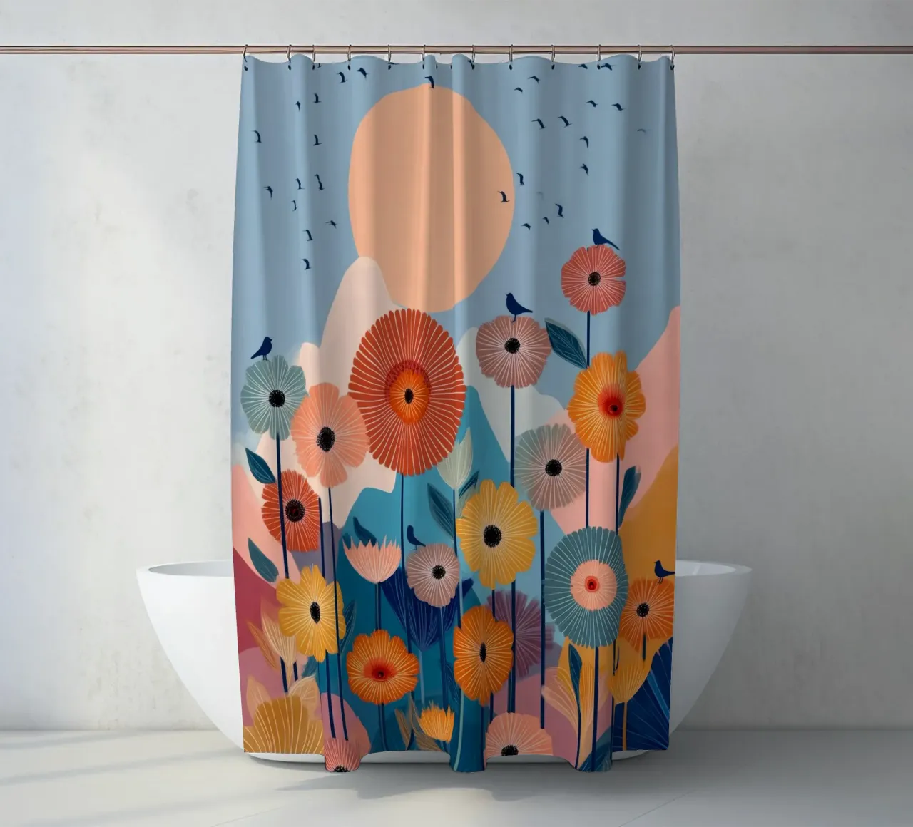 Wildflowers Beneath the Peach Sun shower curtain by Clara August
