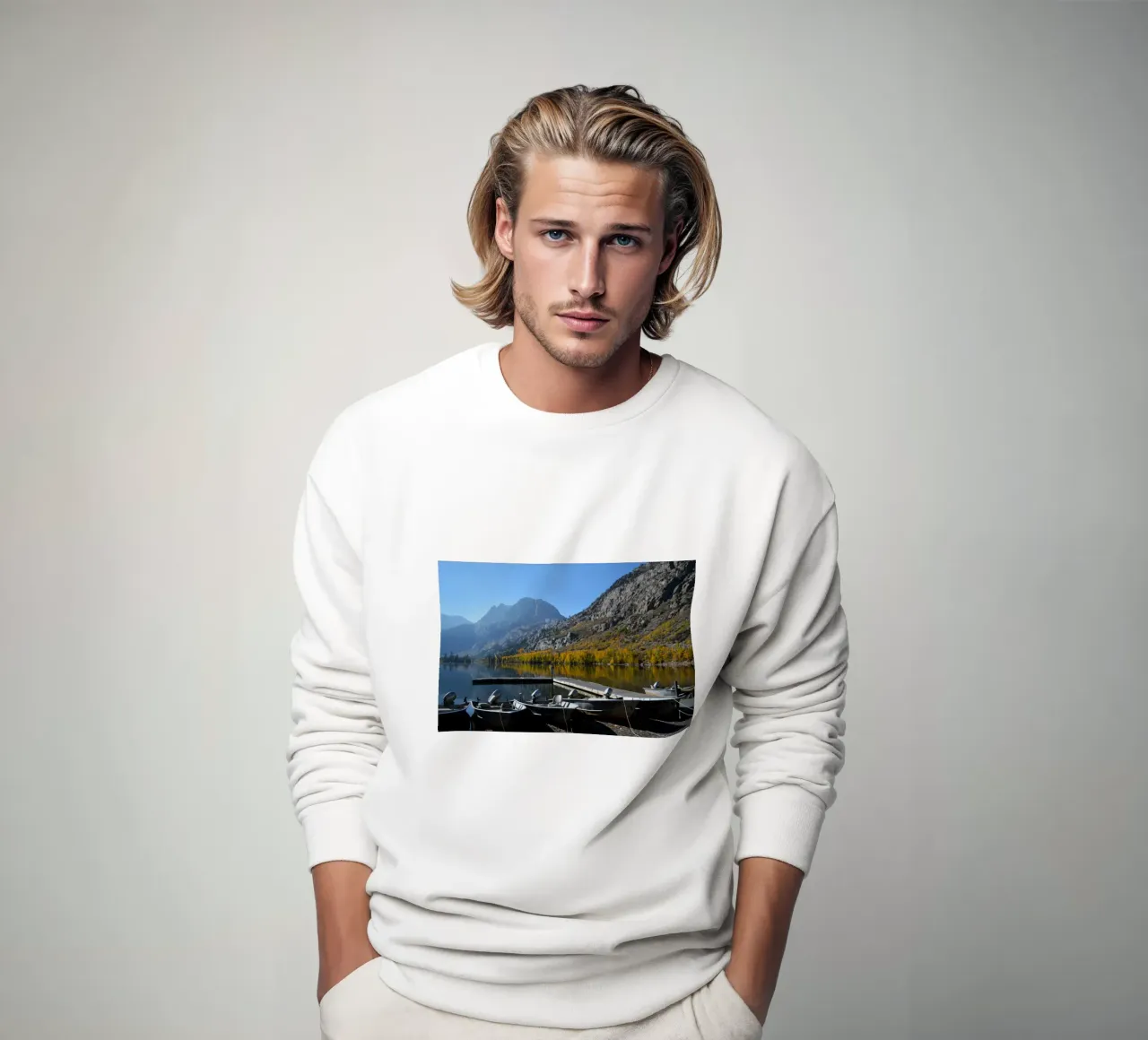 Serene Lake Morning with Dock and Boats sweatshirt by byrieneke