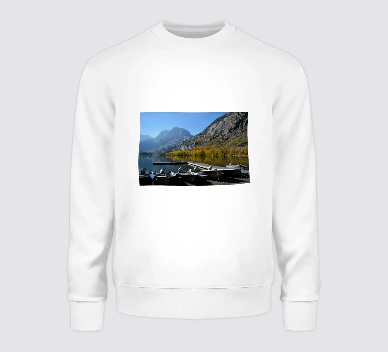 Serene Lake Morning with Dock and Boats sweatshirt by byrieneke