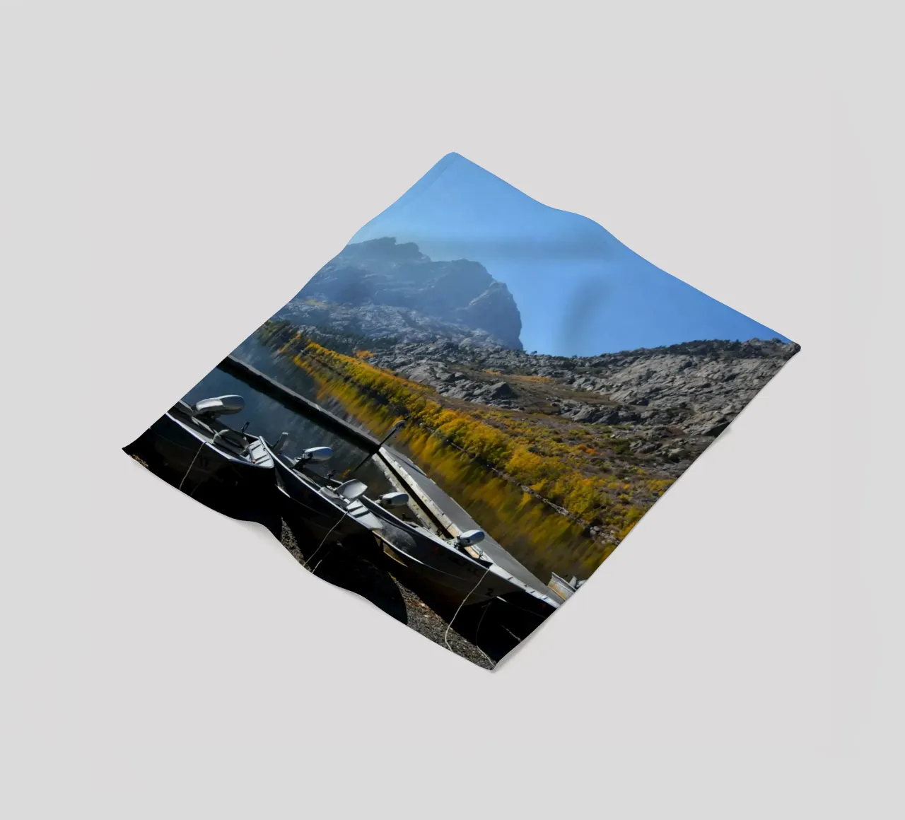 Serene Lake Morning with Dock and Boats fleece blanket by byrieneke
