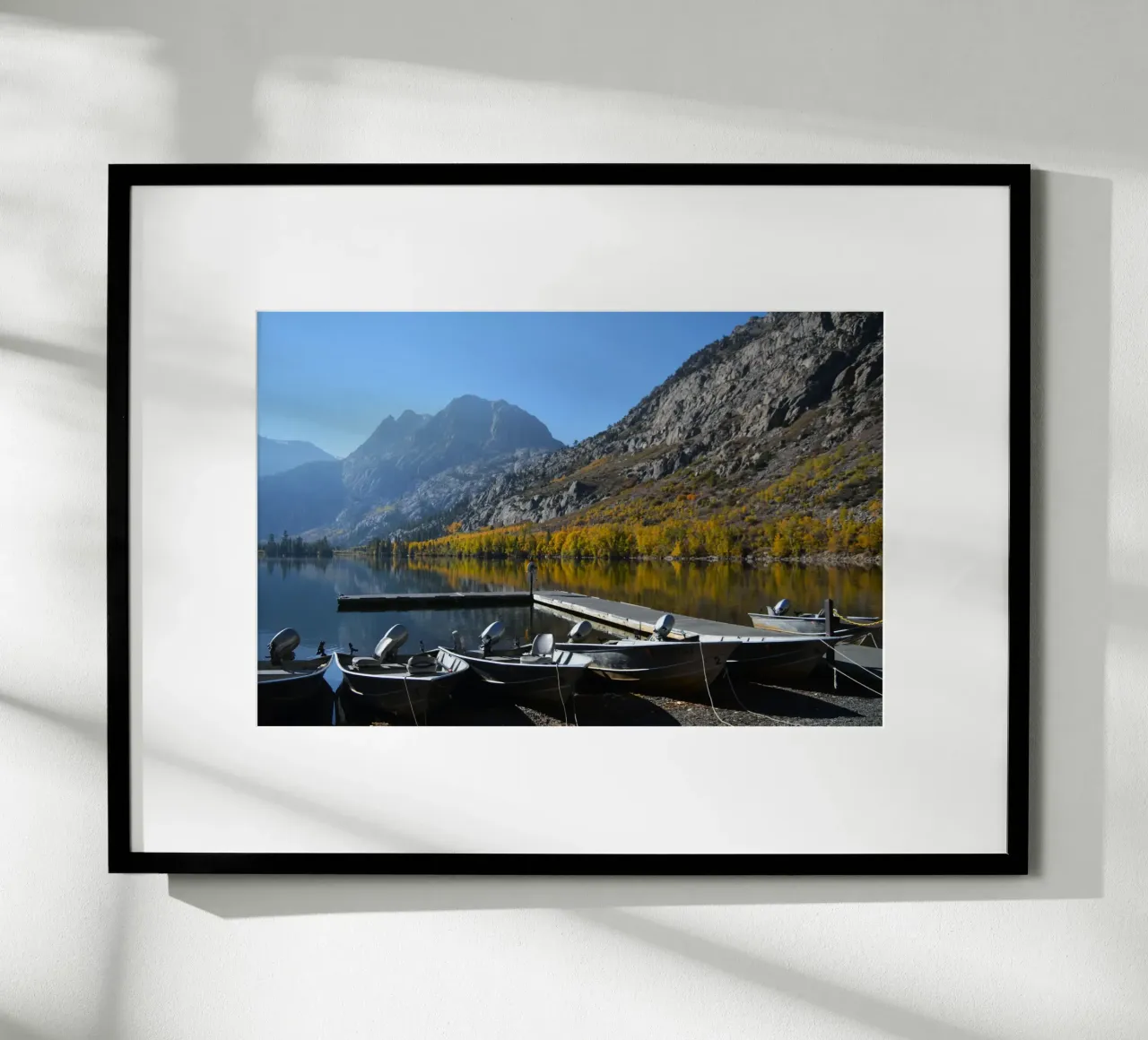 Serene Lake Morning with Dock and Boats hahnemühle by byrieneke