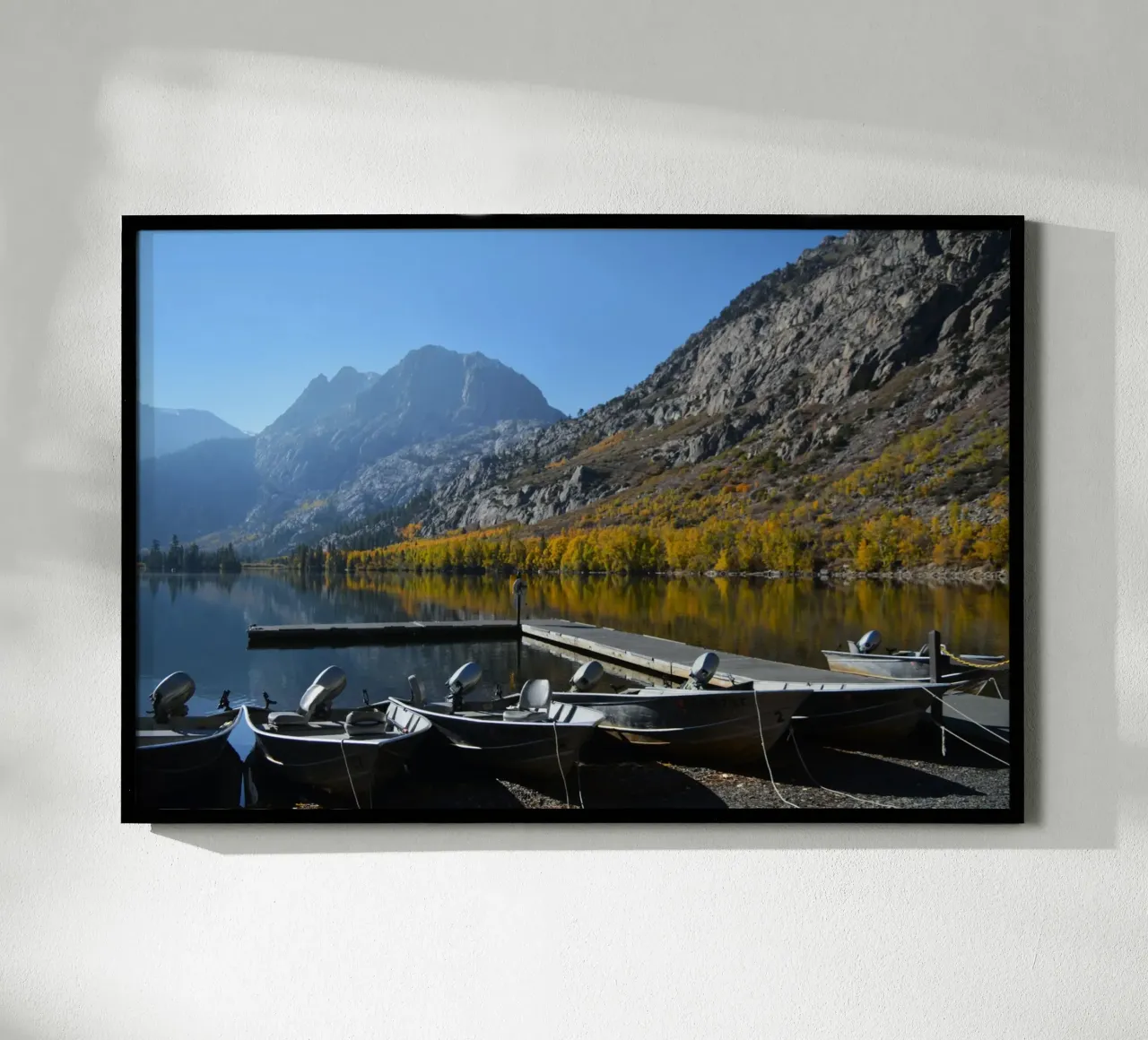 Serene Lake Morning with Dock and Boats hahnemühle by byrieneke