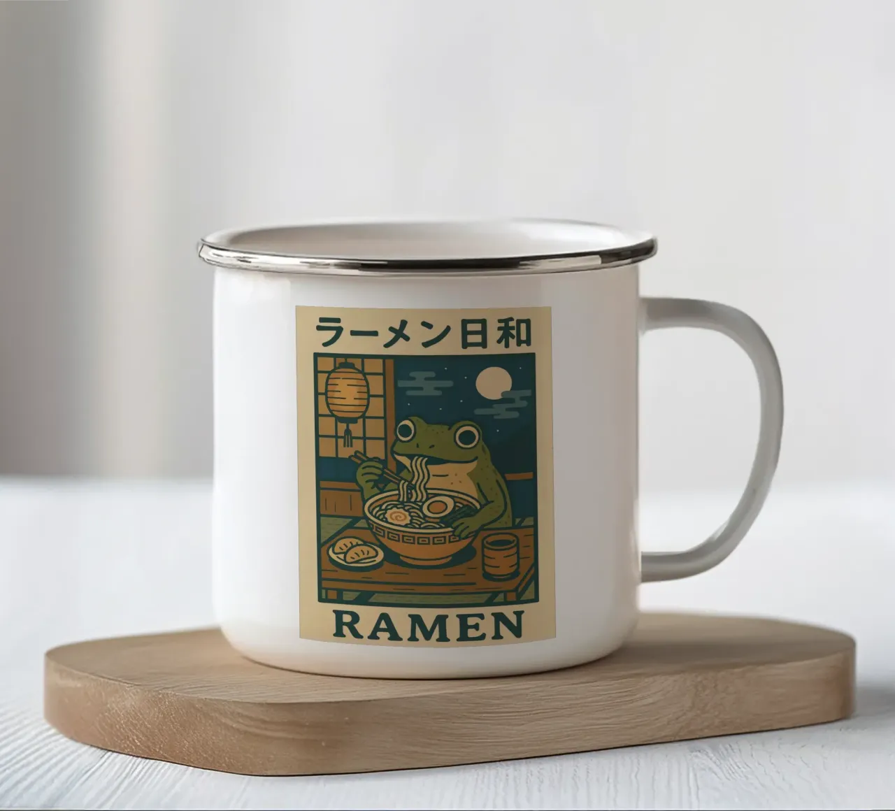 Rana che mangia Ramen Woodblock tazza in smalto da michaellhobsonn