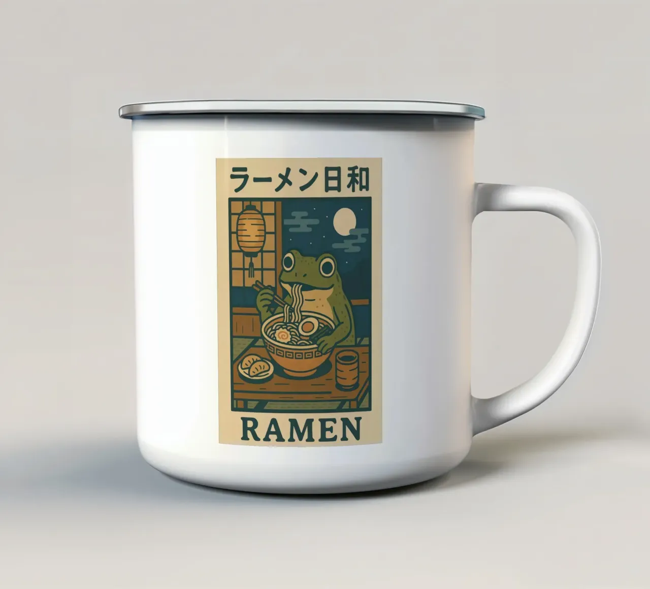 Rana che mangia Ramen Woodblock tazza in smalto da michaellhobsonn
