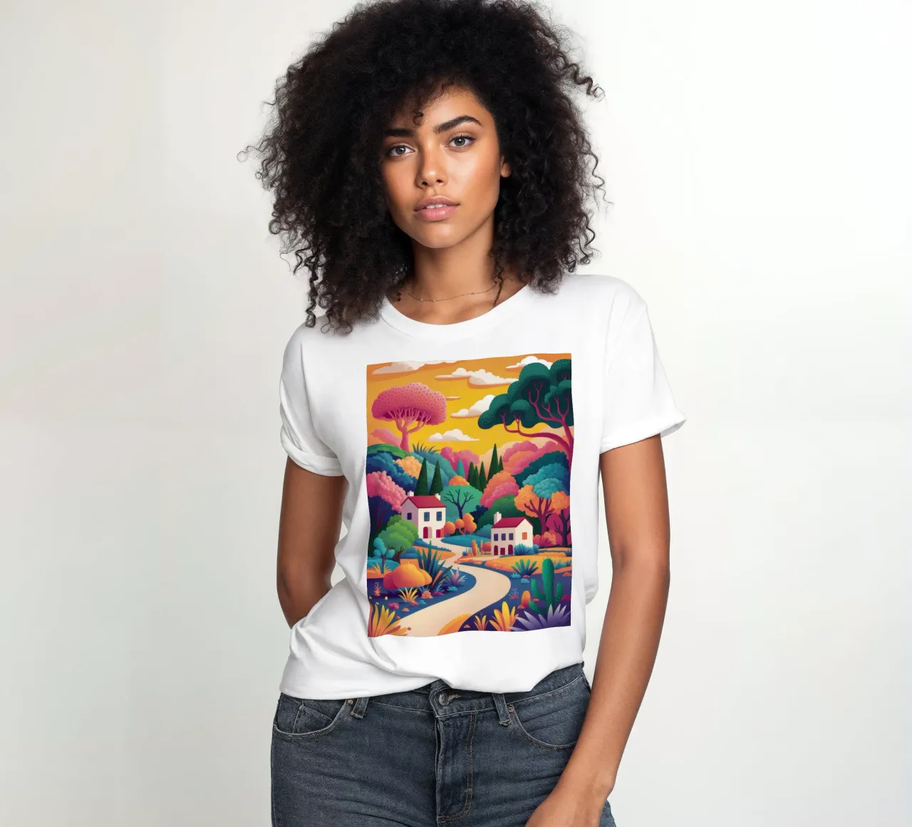 Idyllic Village Path women's fitted t-shirt by Lunar Valentina