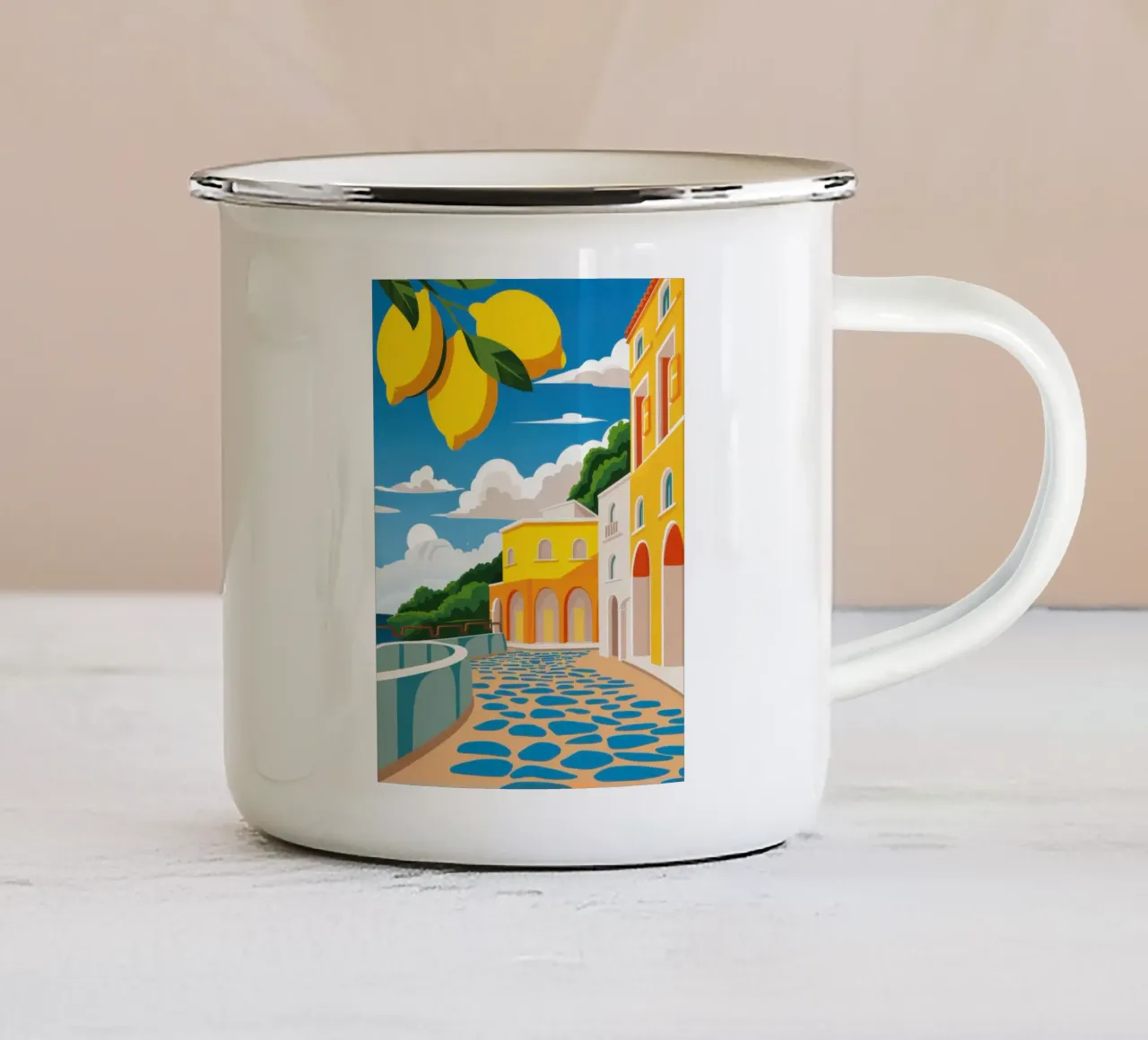 Zitronenterrasse mit Meerblick Emaille Tasse von Frosh Pallete