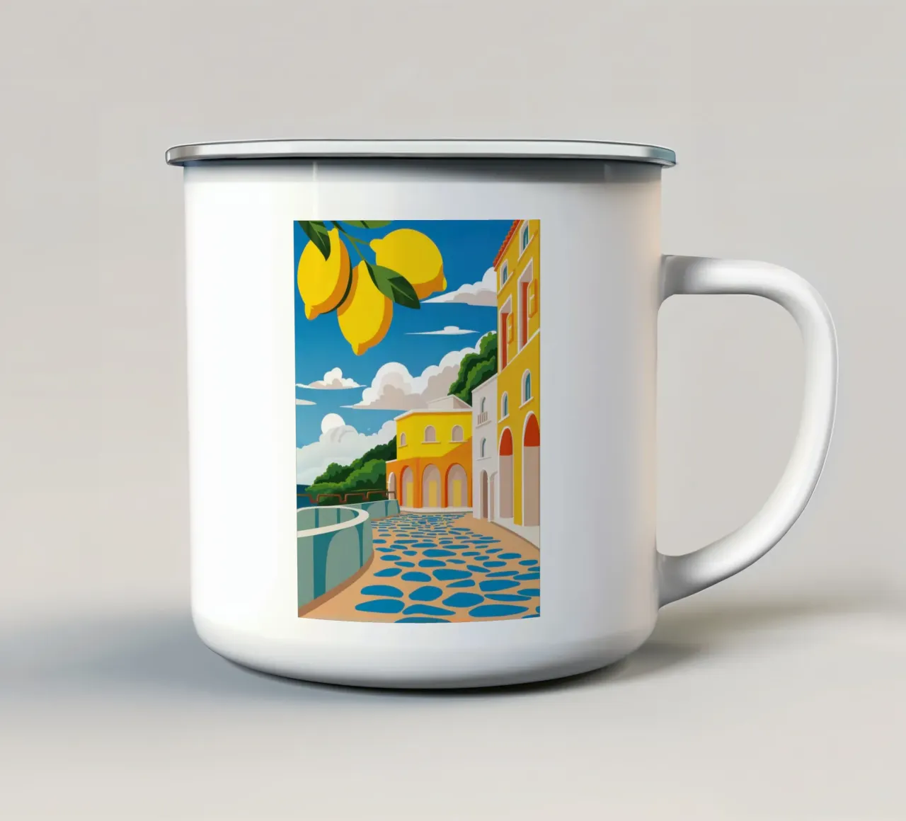 Zitronenterrasse mit Meerblick Emaille Tasse von Frosh Pallete