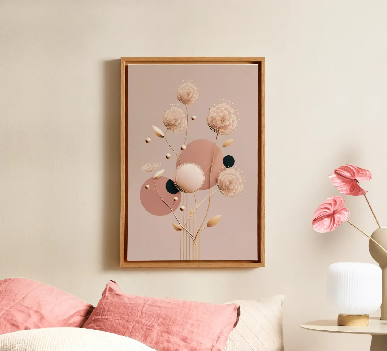 Bubblegum Abstract Minimalistisch Esthetisch Bloemen 3 canvas met Baklijst van Tameo
