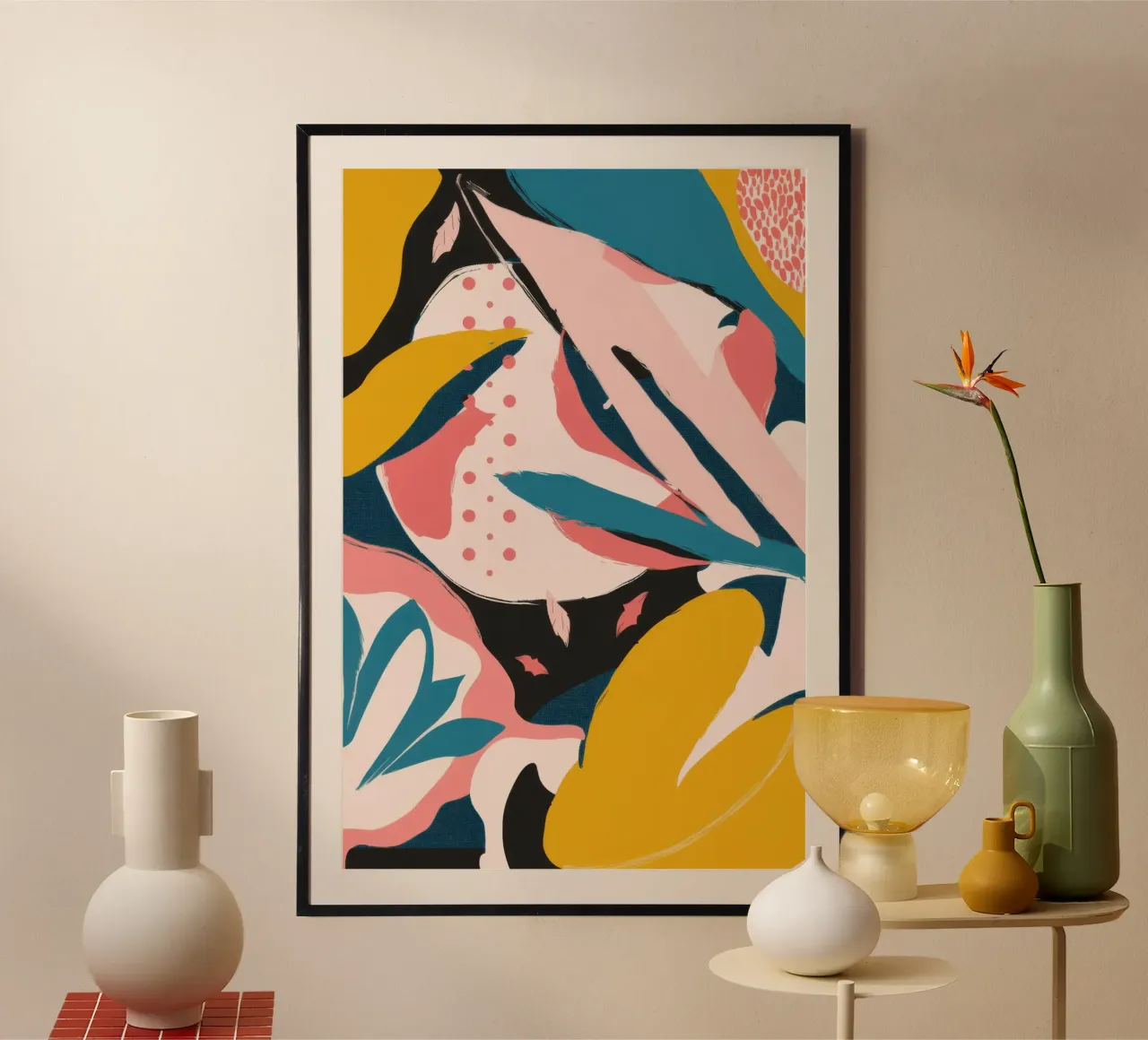 Collage de feuilles roses poster avec cadre en bois de Line Fable
