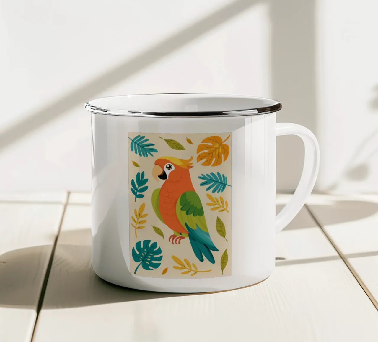 Ritratto di pappagallo vibrante tazza in smalto da Line Fable