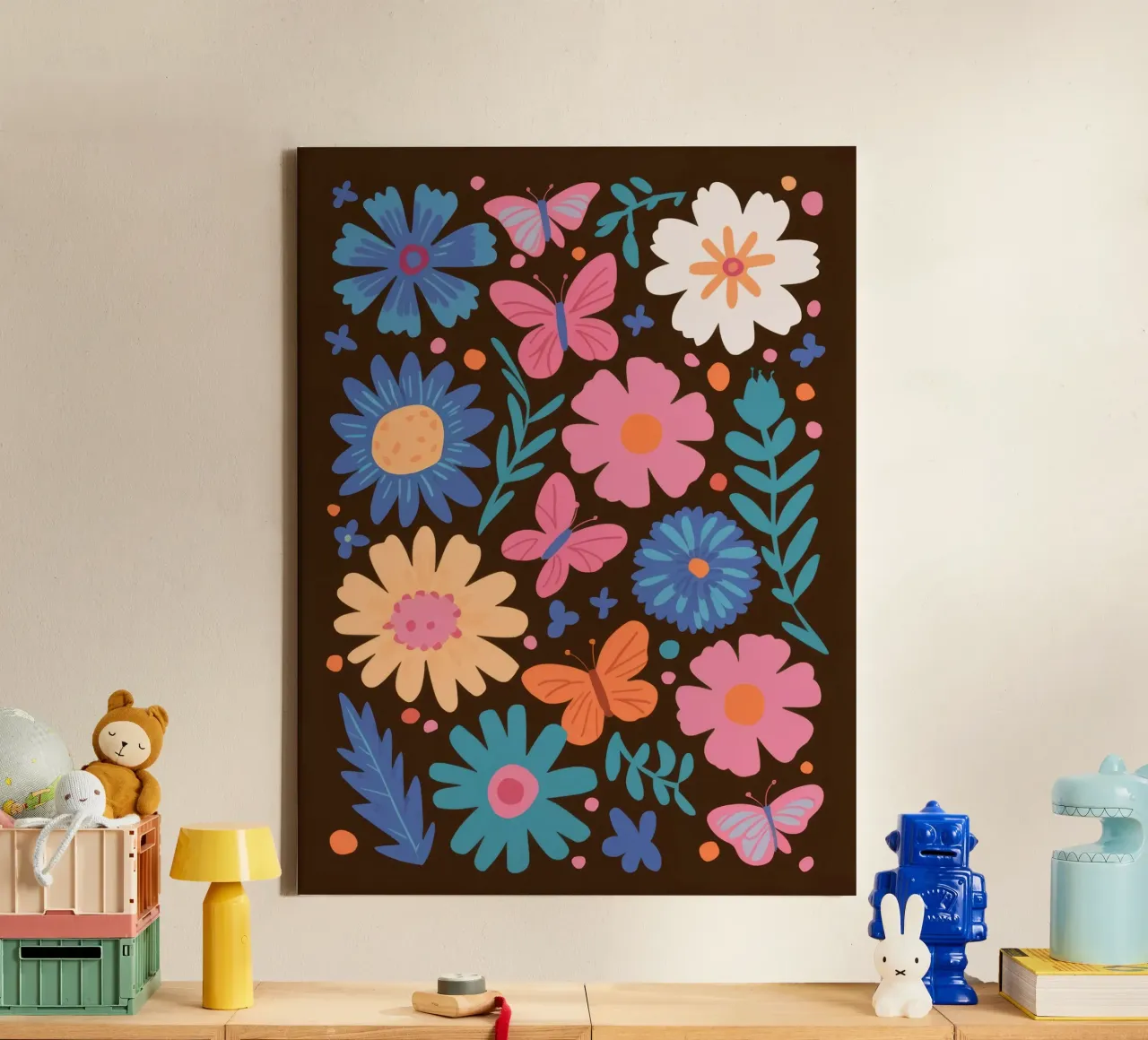 Schmetterling Blumengarten Leinwand mit Schattenfugenrahmen von Lunar Valentina