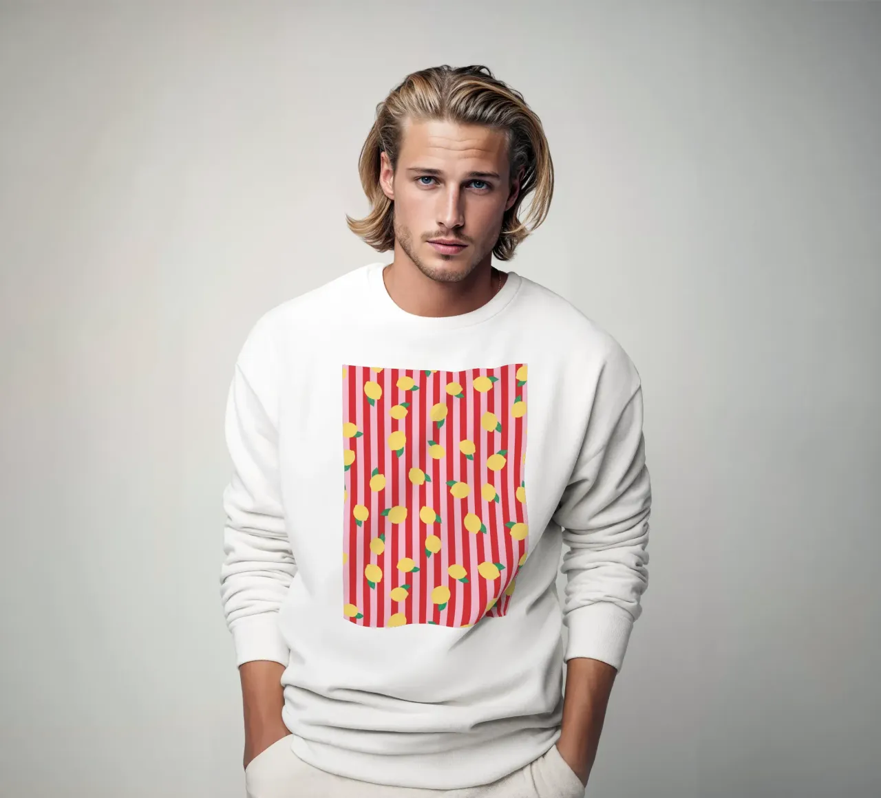 Bold Lemon Stripe Pattern on Pink and Red Background sweatshirt by The Art Club