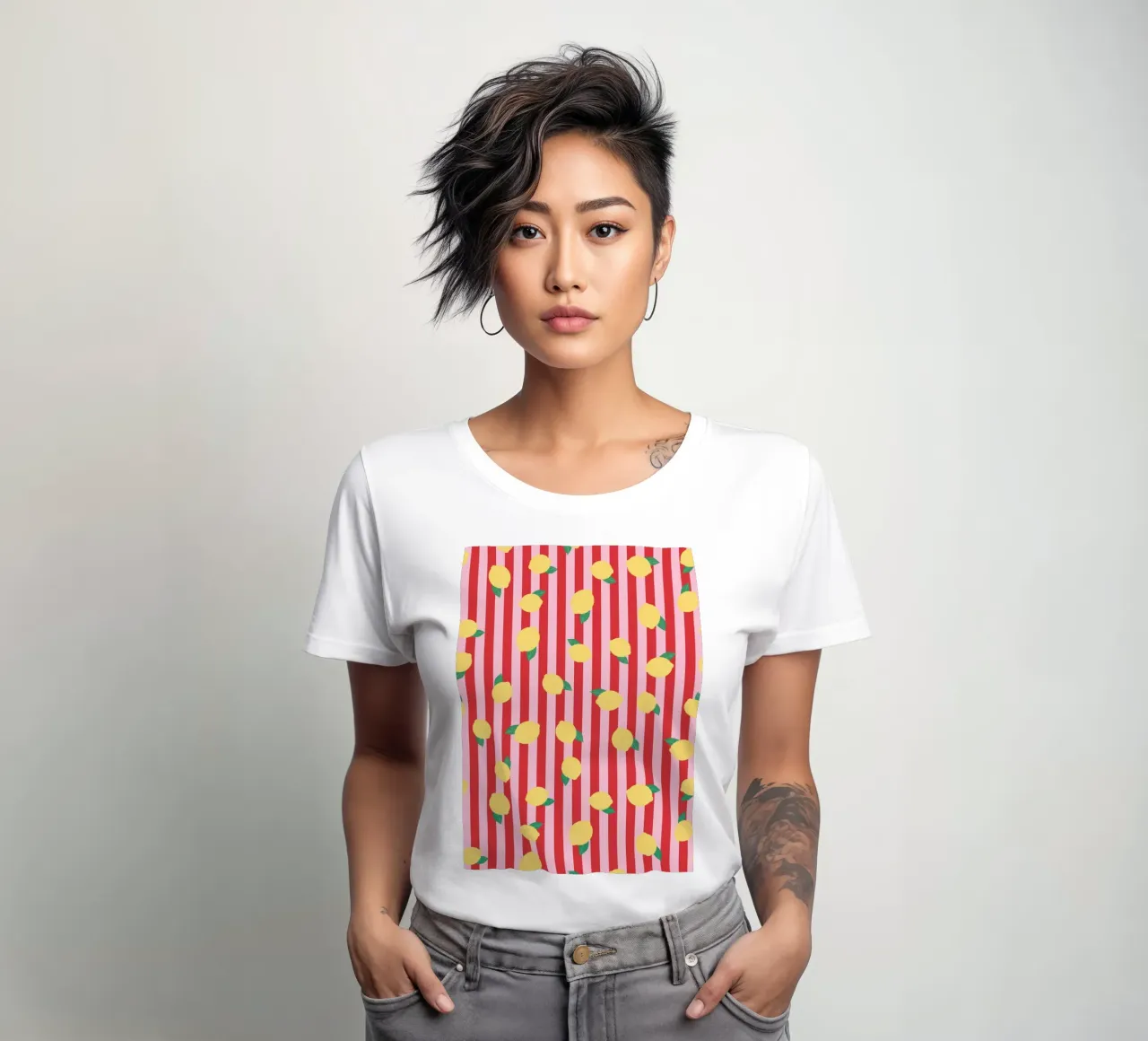 Bold Lemon Stripe Pattern on Pink and Red Background women's fitted t-shirt by The Art Club