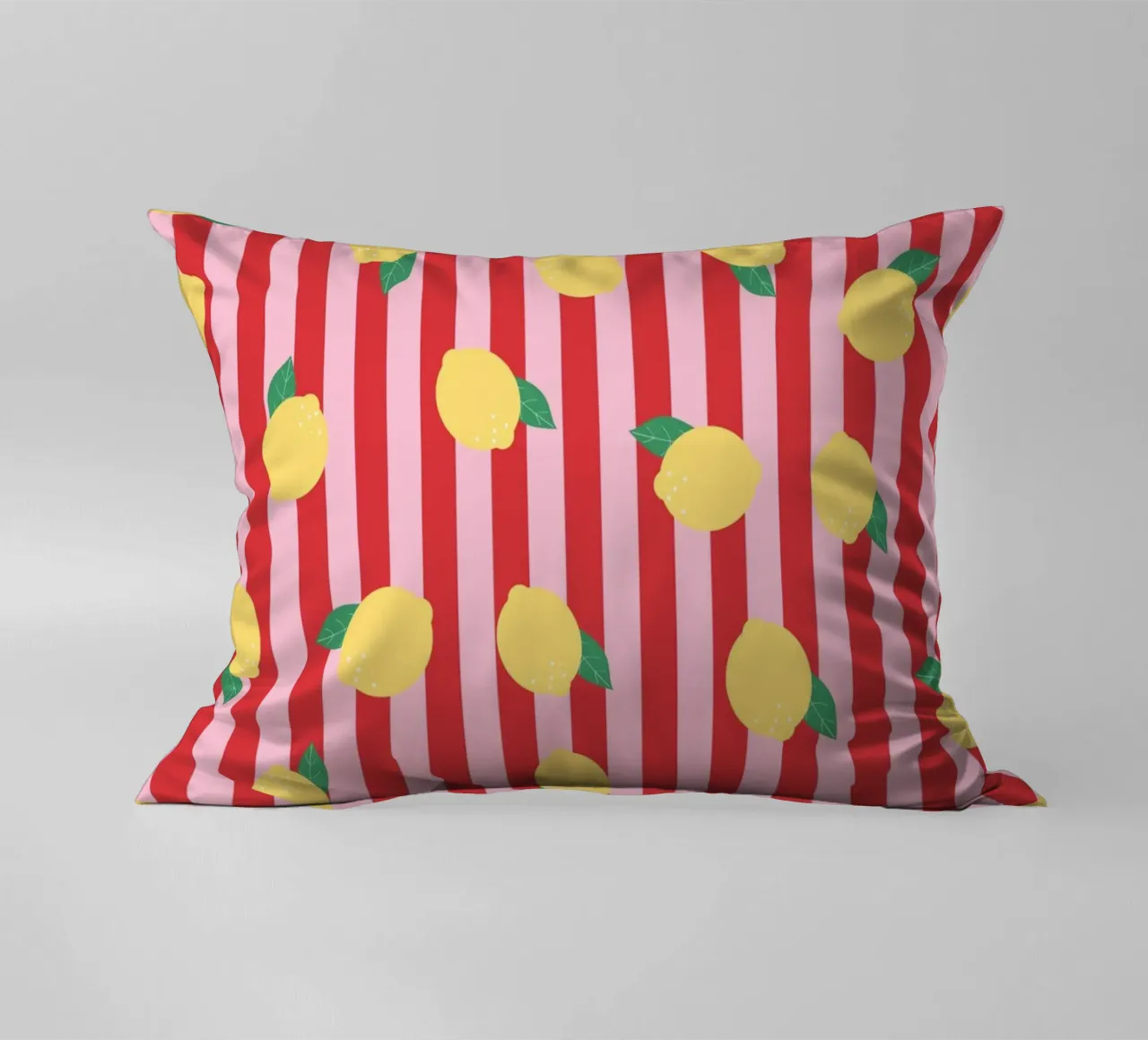 Bold Lemon Stripe Pattern on Pink and Red Background decorative cushion by The Art Club