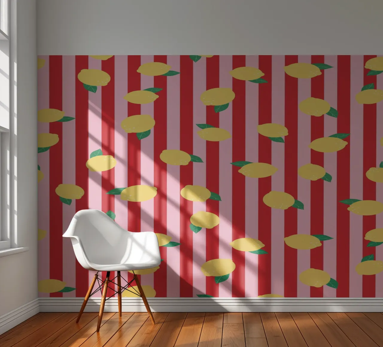 Bold Lemon Stripe Pattern on Pink and Red Background photo wallpaper by The Art Club