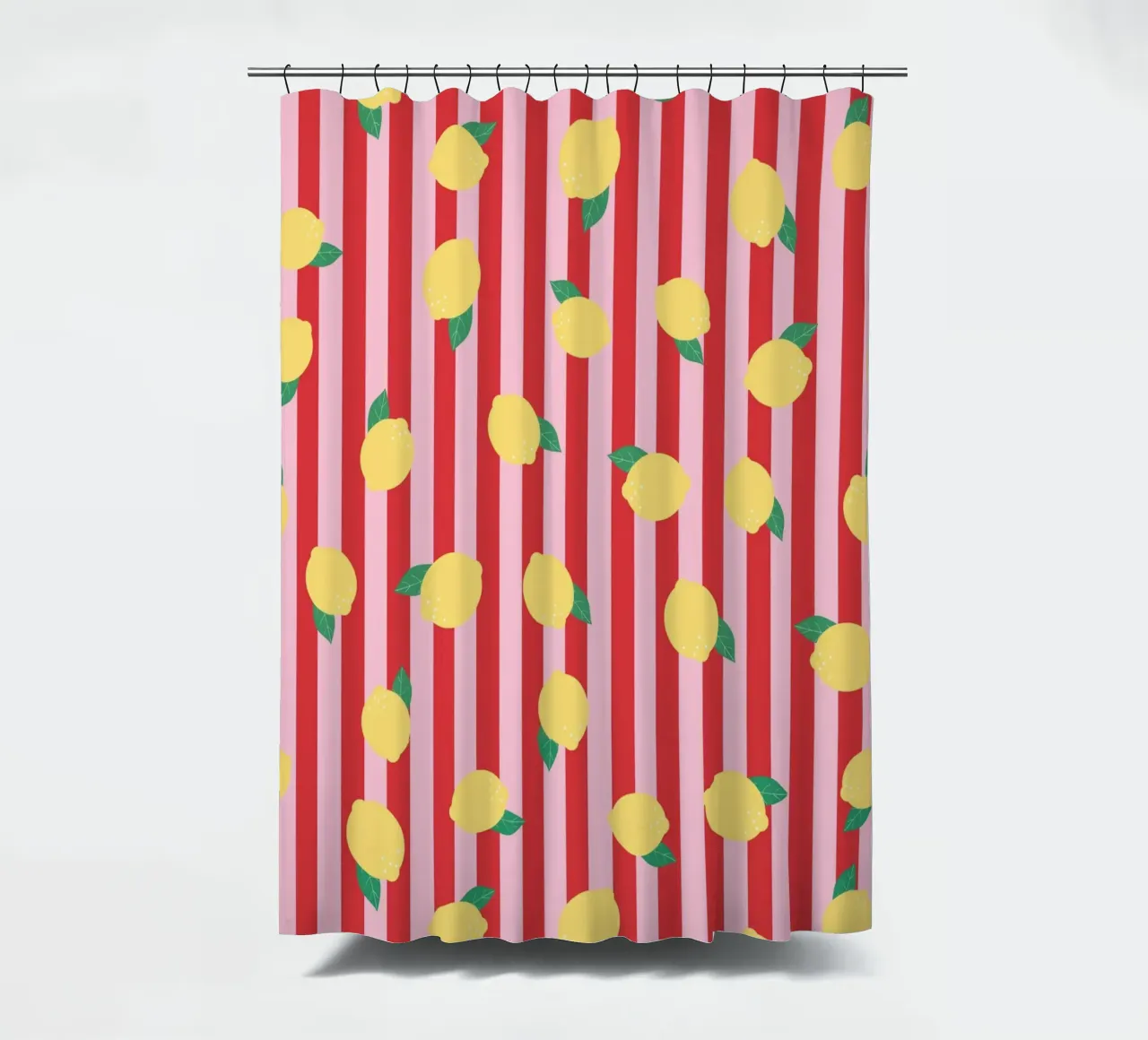 Bold Lemon Stripe Pattern on Pink and Red Background shower curtain by The Art Club