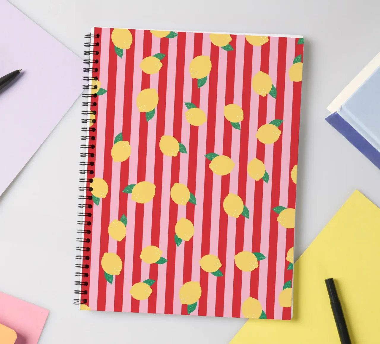Bold Lemon Stripe Pattern on Pink and Red Background spiral notebook by The Art Club