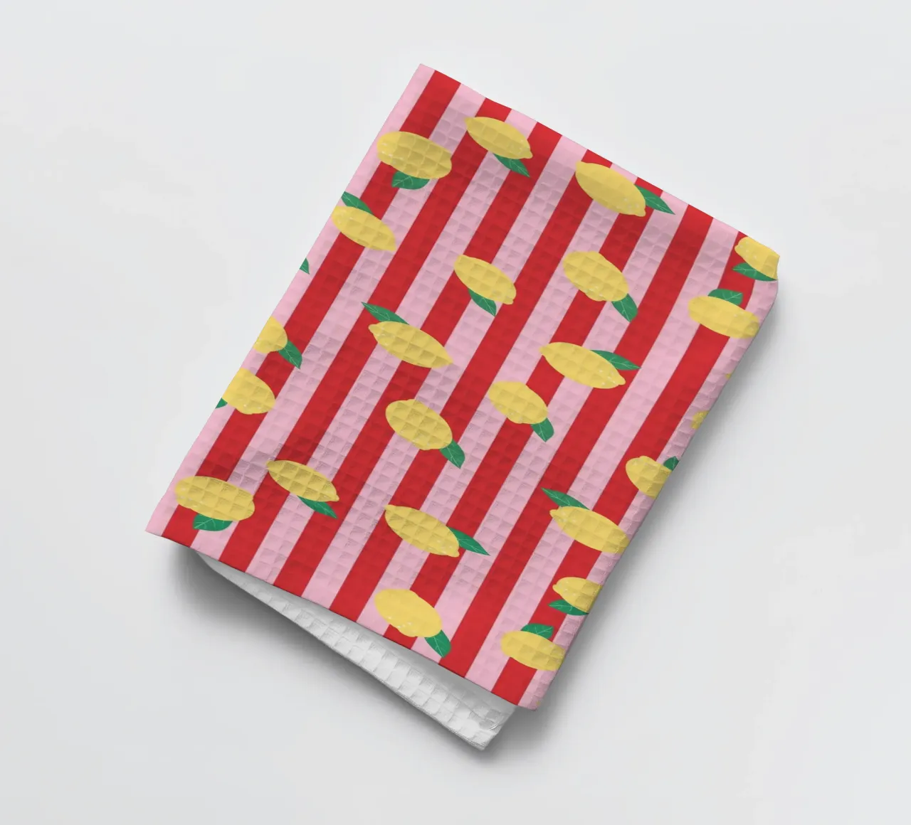 Bold Lemon Stripe Pattern on Pink and Red Background tea towel by The Art Club