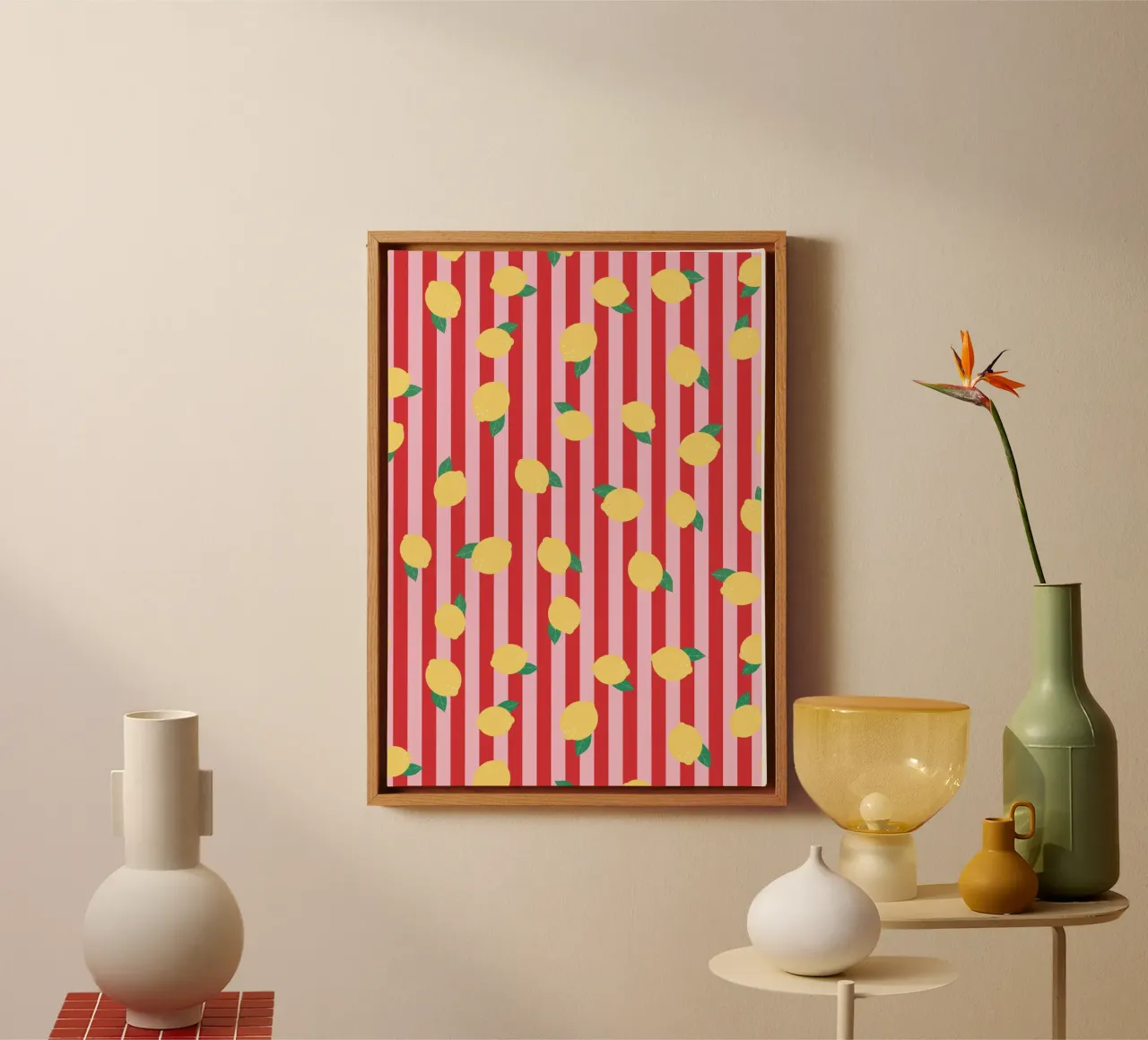 Bold Lemon Stripe Pattern on Pink and Red Background canvas by The Art Club