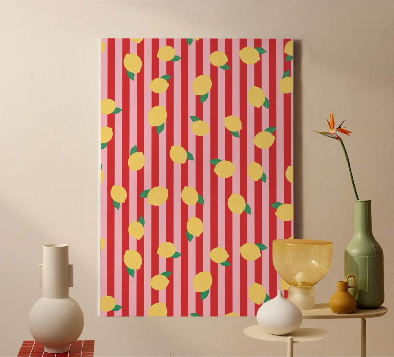 Bold Lemon Stripe Pattern on Pink and Red Background canvas by The Art Club