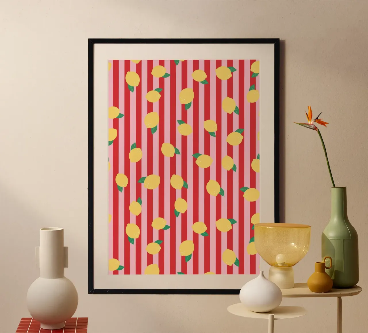 Bold Lemon Stripe Pattern on Pink and Red Background hahnemühle by The Art Club