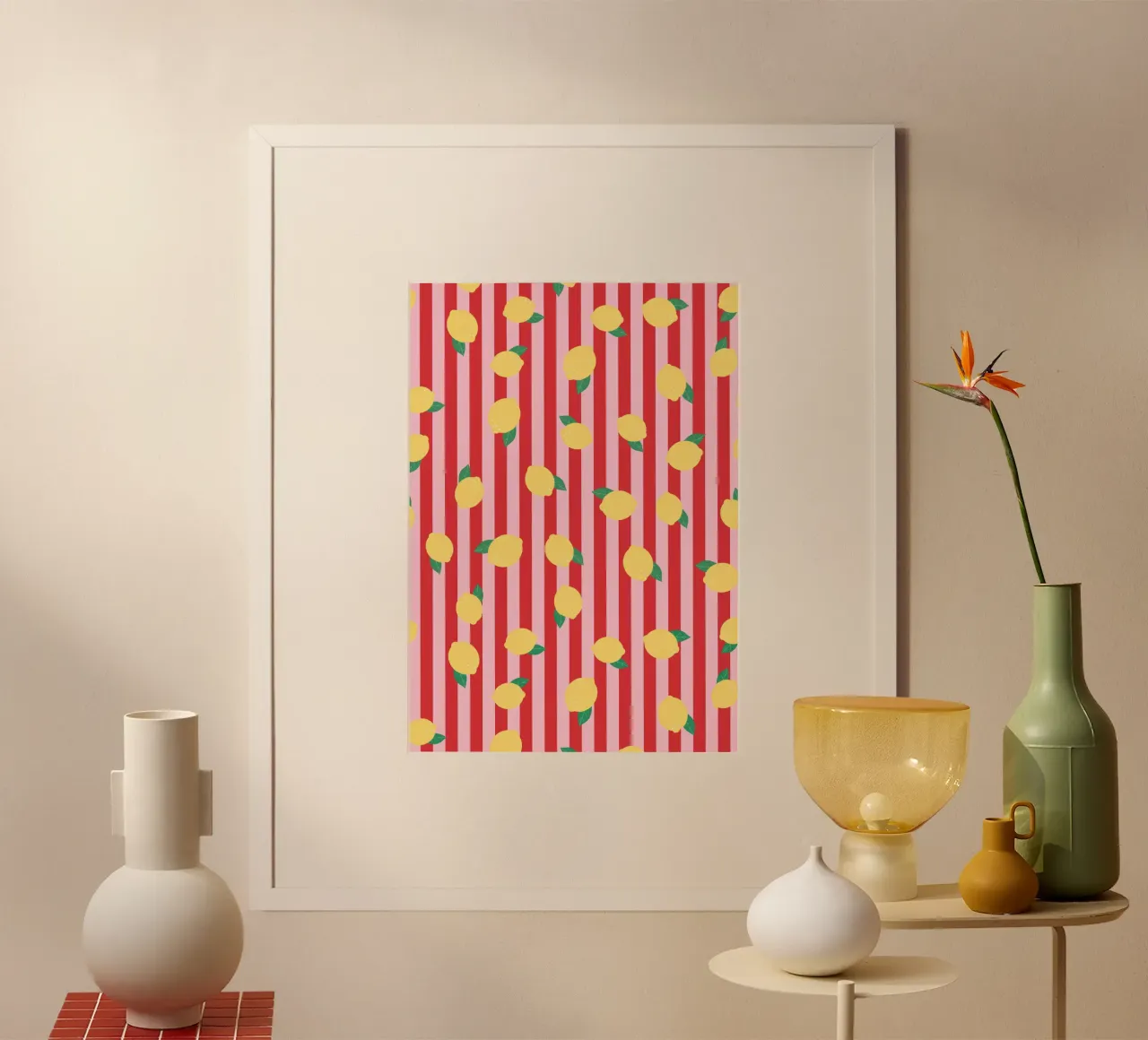 Bold Lemon Stripe Pattern on Pink and Red Background hahnemühle by The Art Club