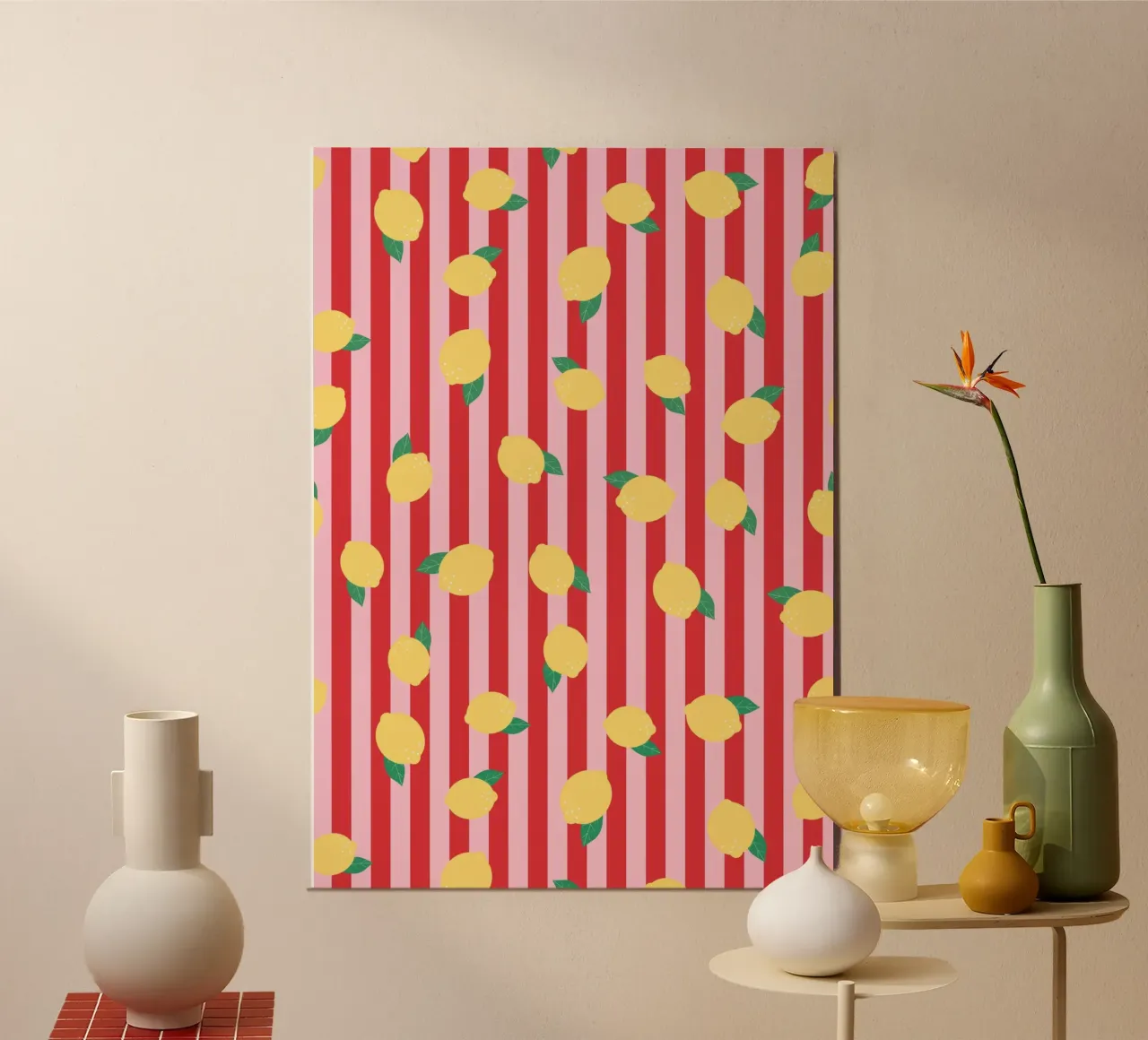 Bold Lemon Stripe Pattern on Pink and Red Background hahnemühle by The Art Club