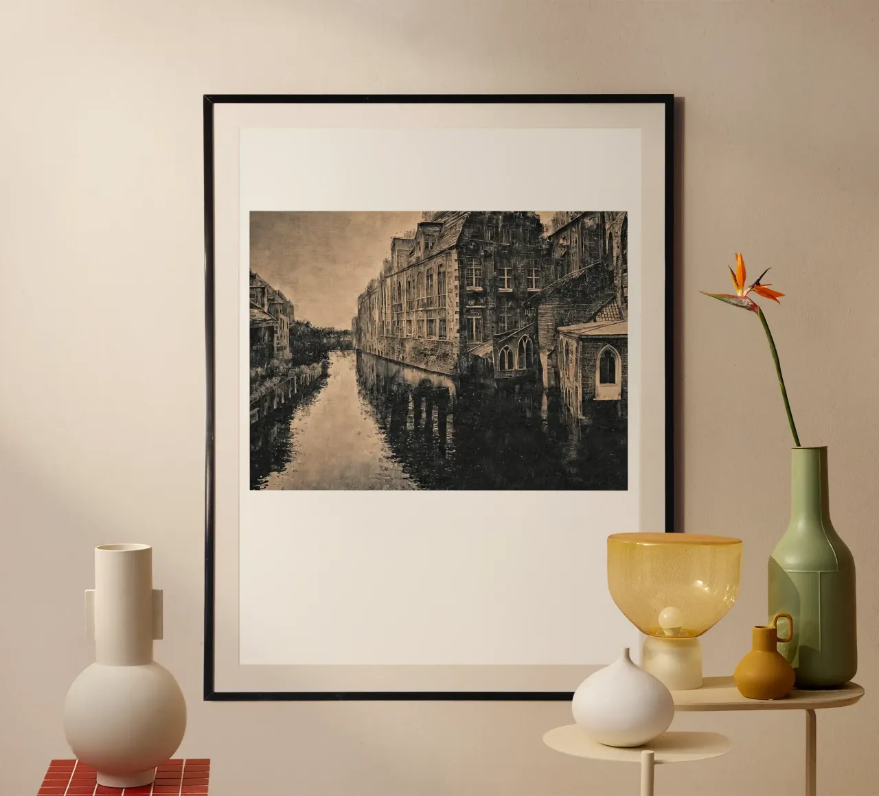 Bianco e nero Amsterdam Bruges poster con telaio in legno da ART BEST