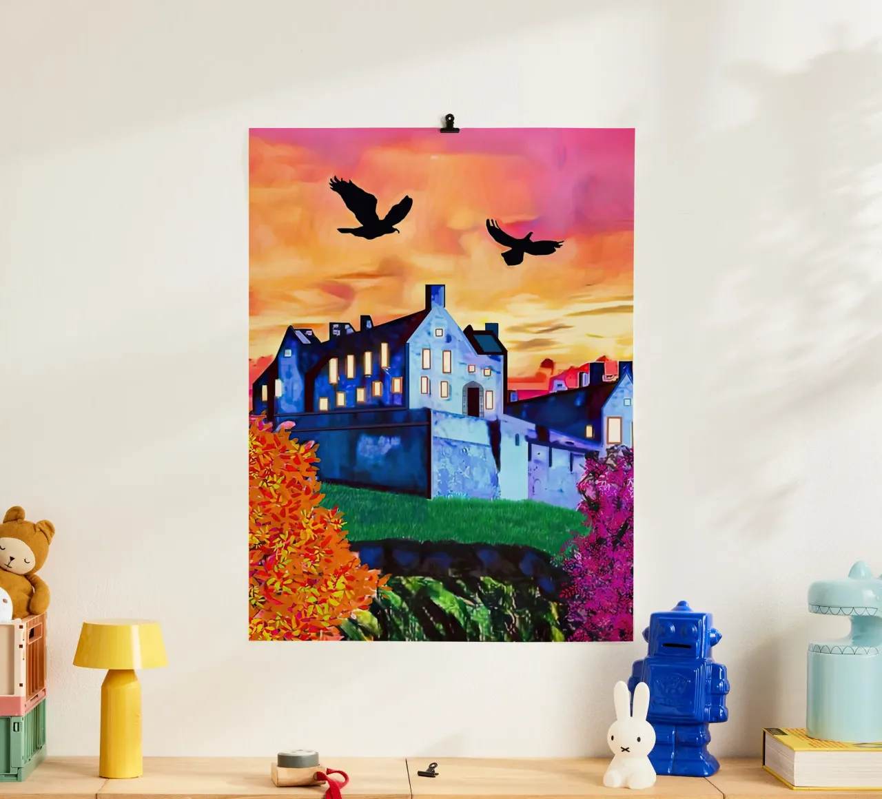 Il castello di Edimburgo al tramonto poster con telaio in legno da ART BEST