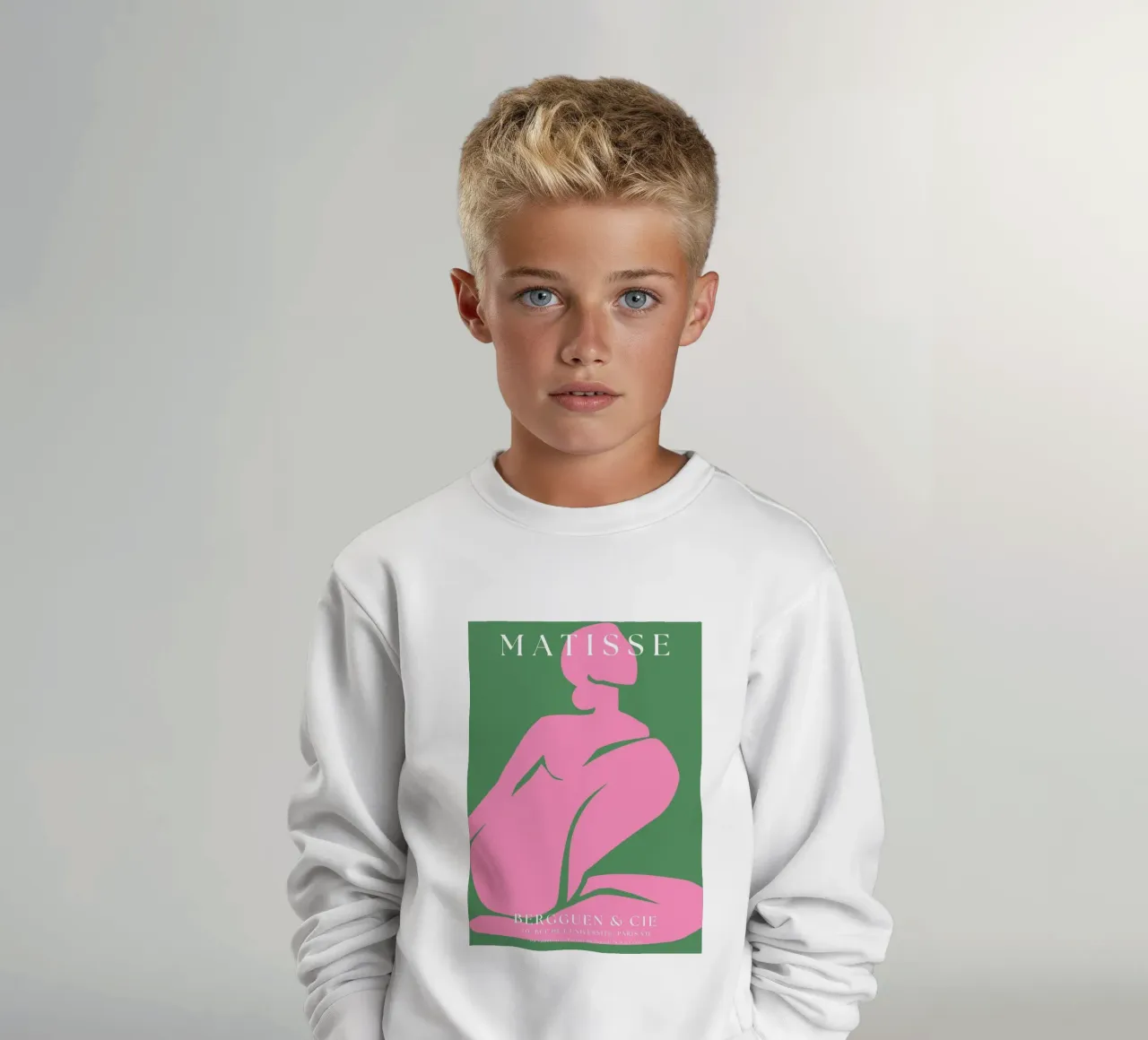 Silhouette minimalista rosa-nudo ispirata a Matisse su verde felpa bambino da The Art Club