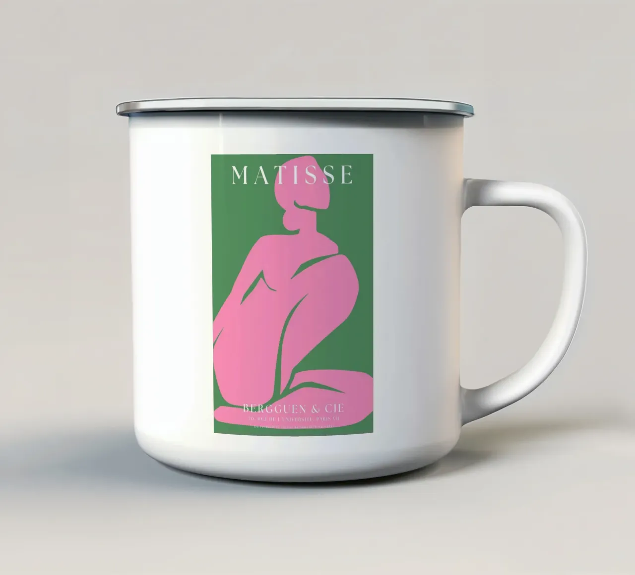 Silhouette minimalista rosa-nudo ispirata a Matisse su verde tazza in smalto da The Art Club