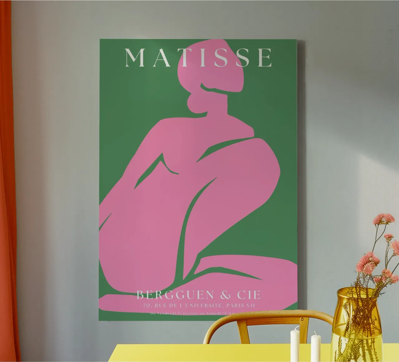 Silhouette minimaliste rose nude inspirée de Matisse sur fond vert toile de The Art Club