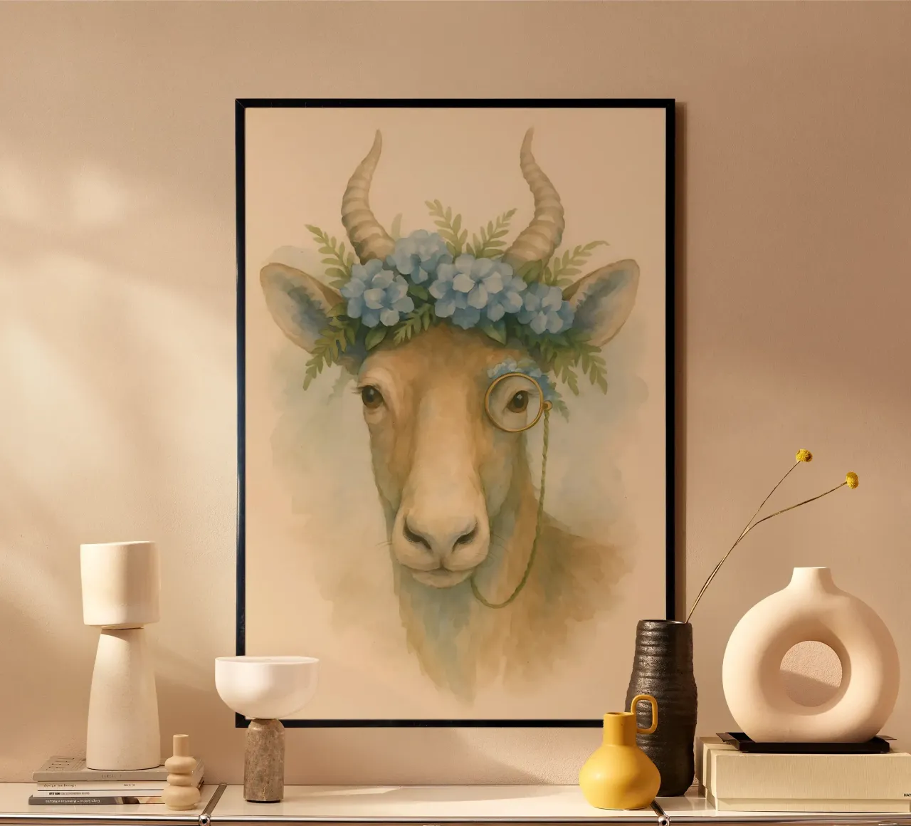 La capra gentile: fiori blu e brillantezza poster con telaio in legno da Graceful Desine