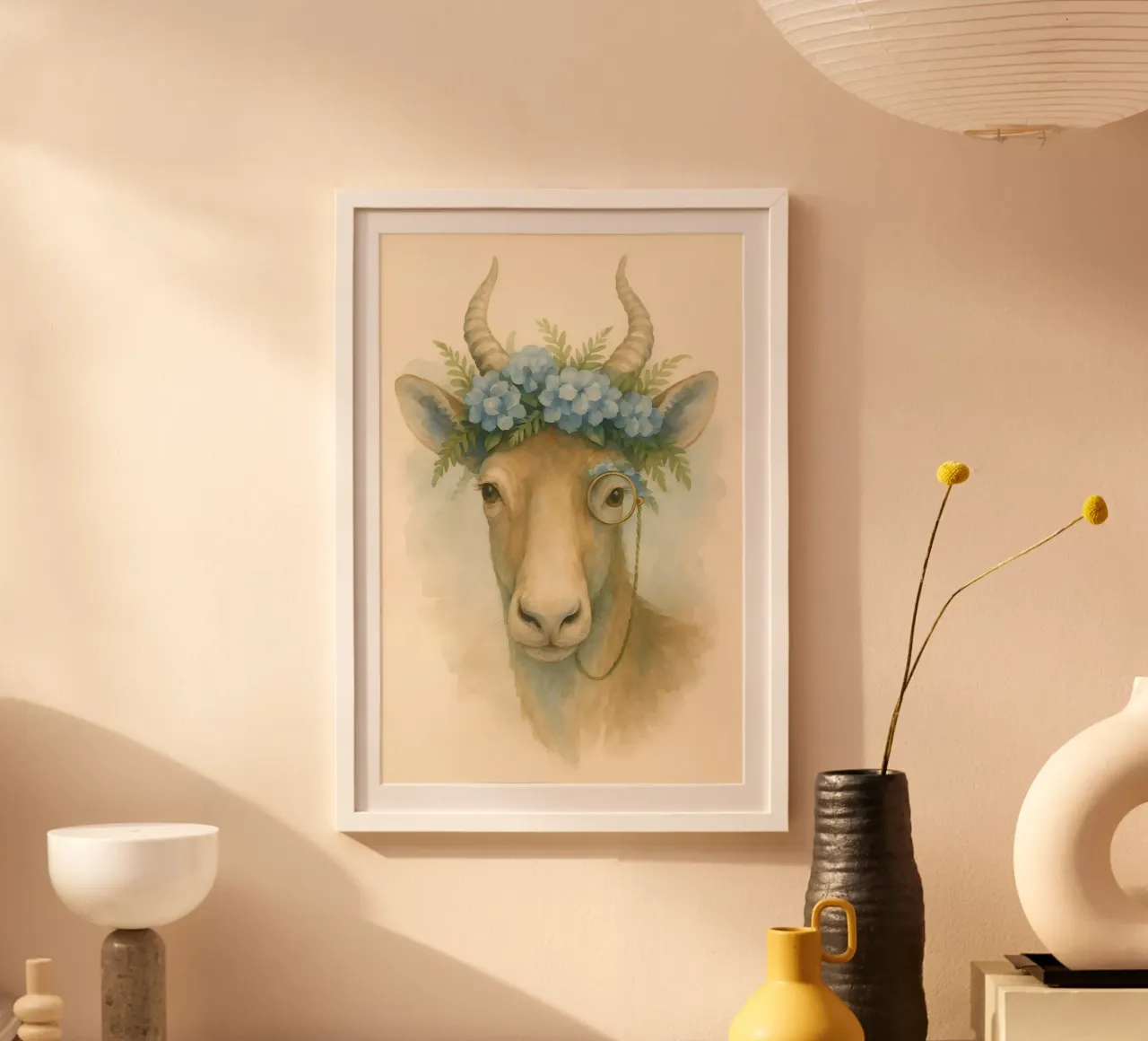 La capra gentile: fiori blu e brillantezza poster con telaio in legno da Graceful Desine