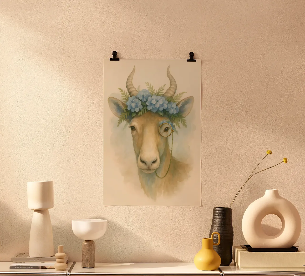 La capra gentile: fiori blu e brillantezza poster con telaio in legno da Graceful Desine
