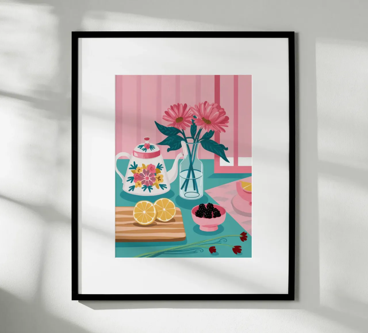 Agrumi rosa Stillness poster con telaio in alluminio da Lunar Valentina