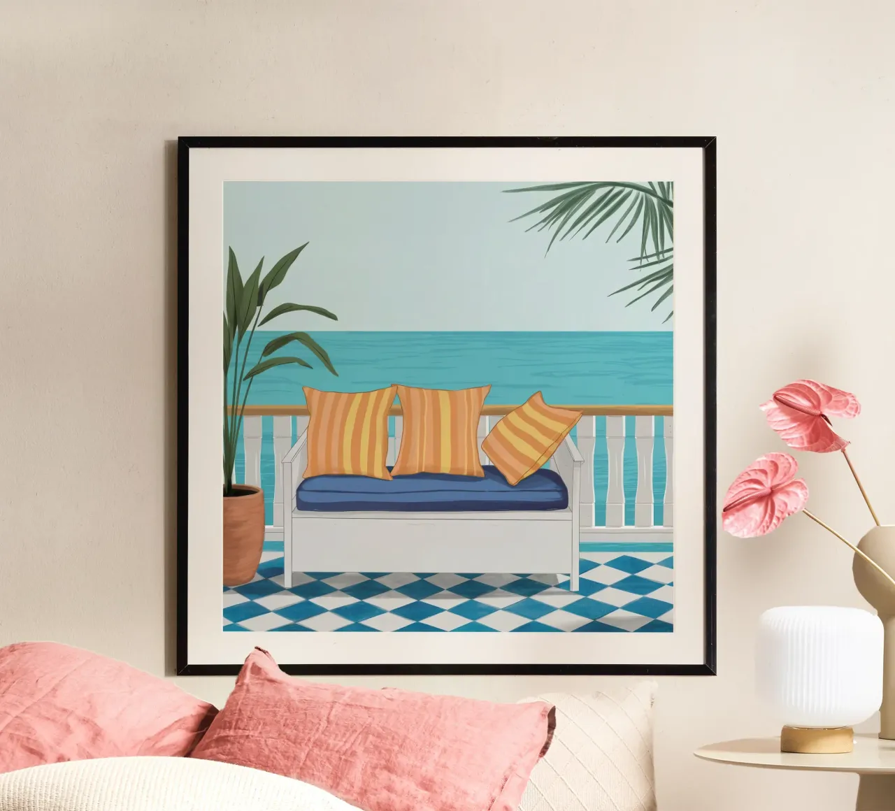Balcone Vista Mare poster con telaio in legno da Obs Canvas