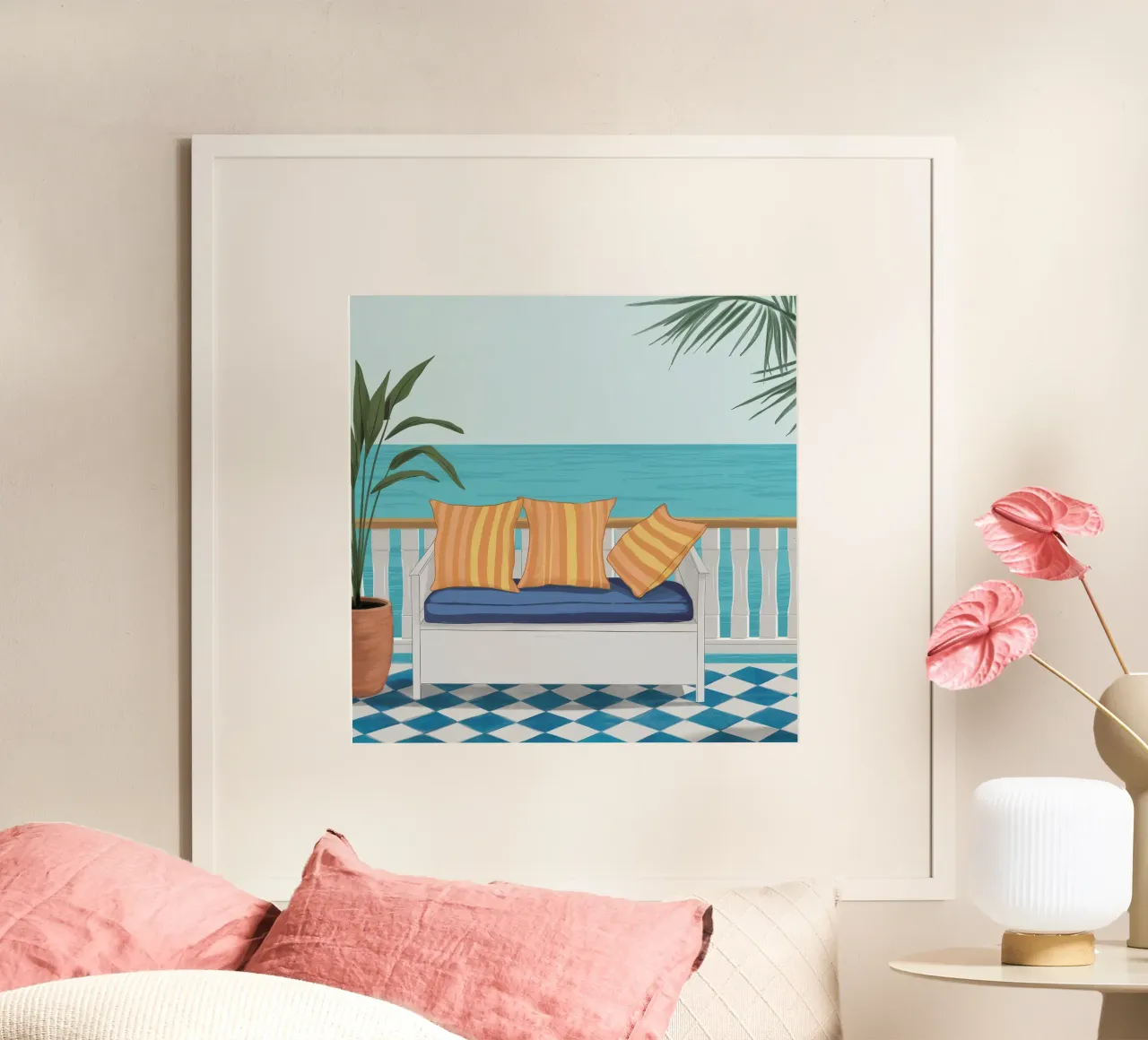 Balcone Vista Mare poster con telaio in legno da Obs Canvas