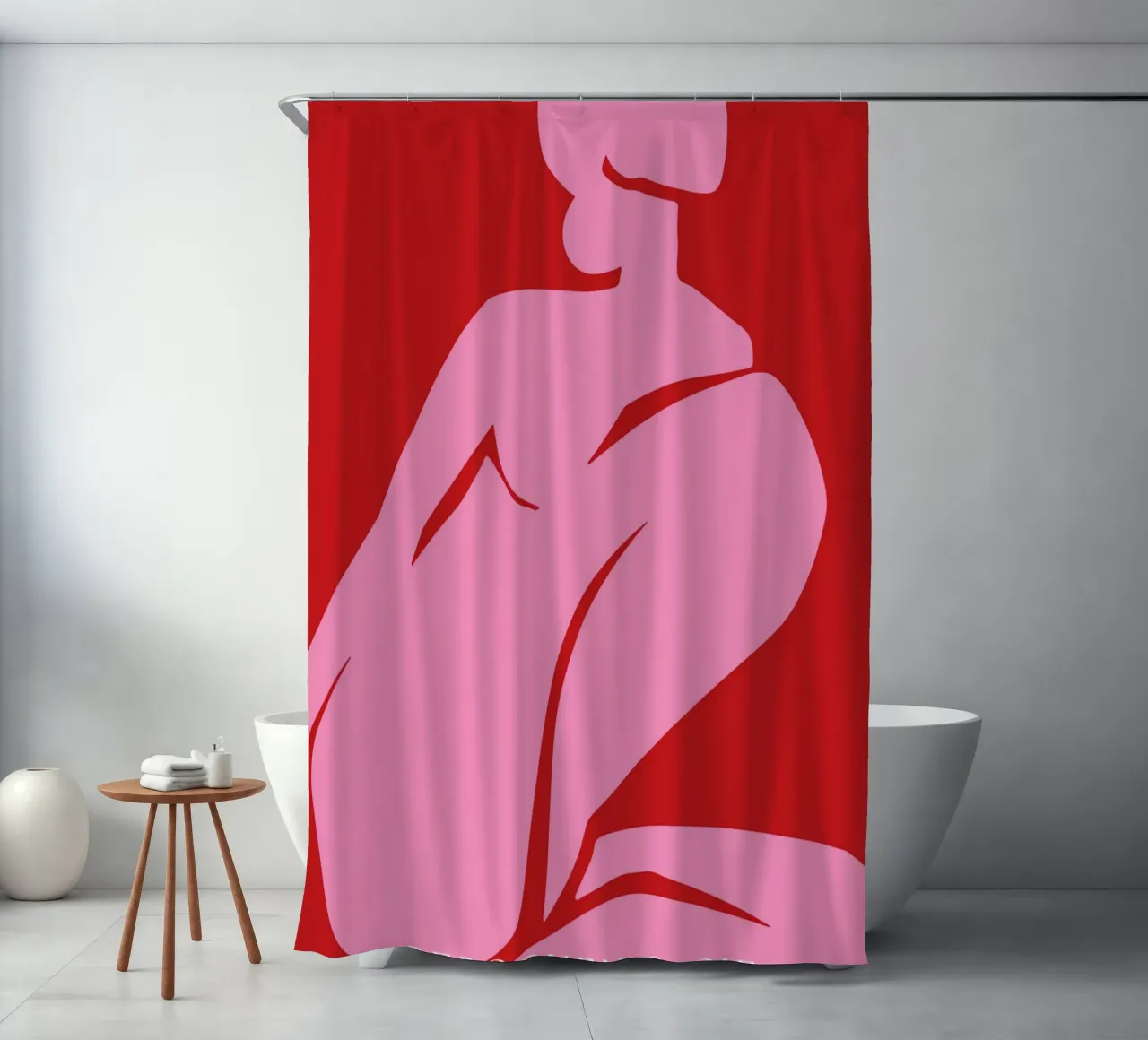 Forma femminile astratta di colore rosa su sfondo rosso audace tenda da doccia da The Art Club