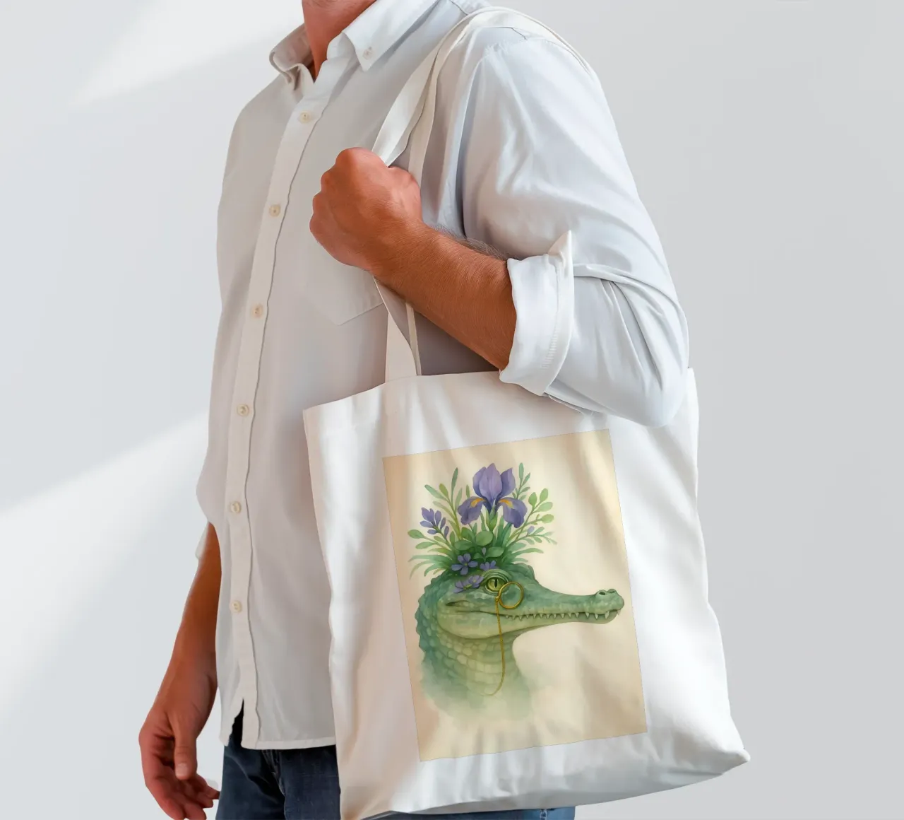 Zachte krokodil: Bloesems & Messing jute draagtas van Graceful Desine